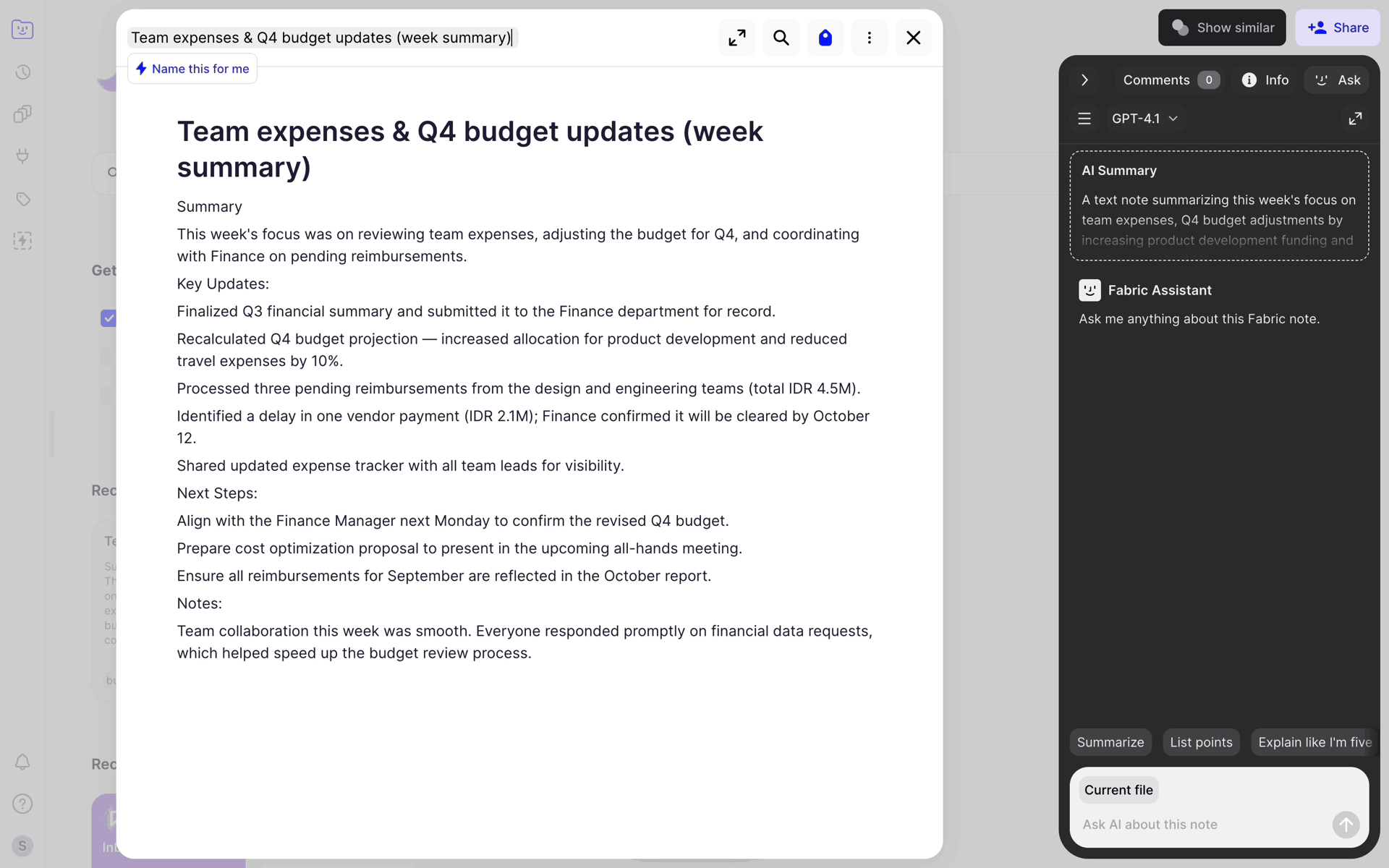Fabric Web Productivity interface screenshot 3