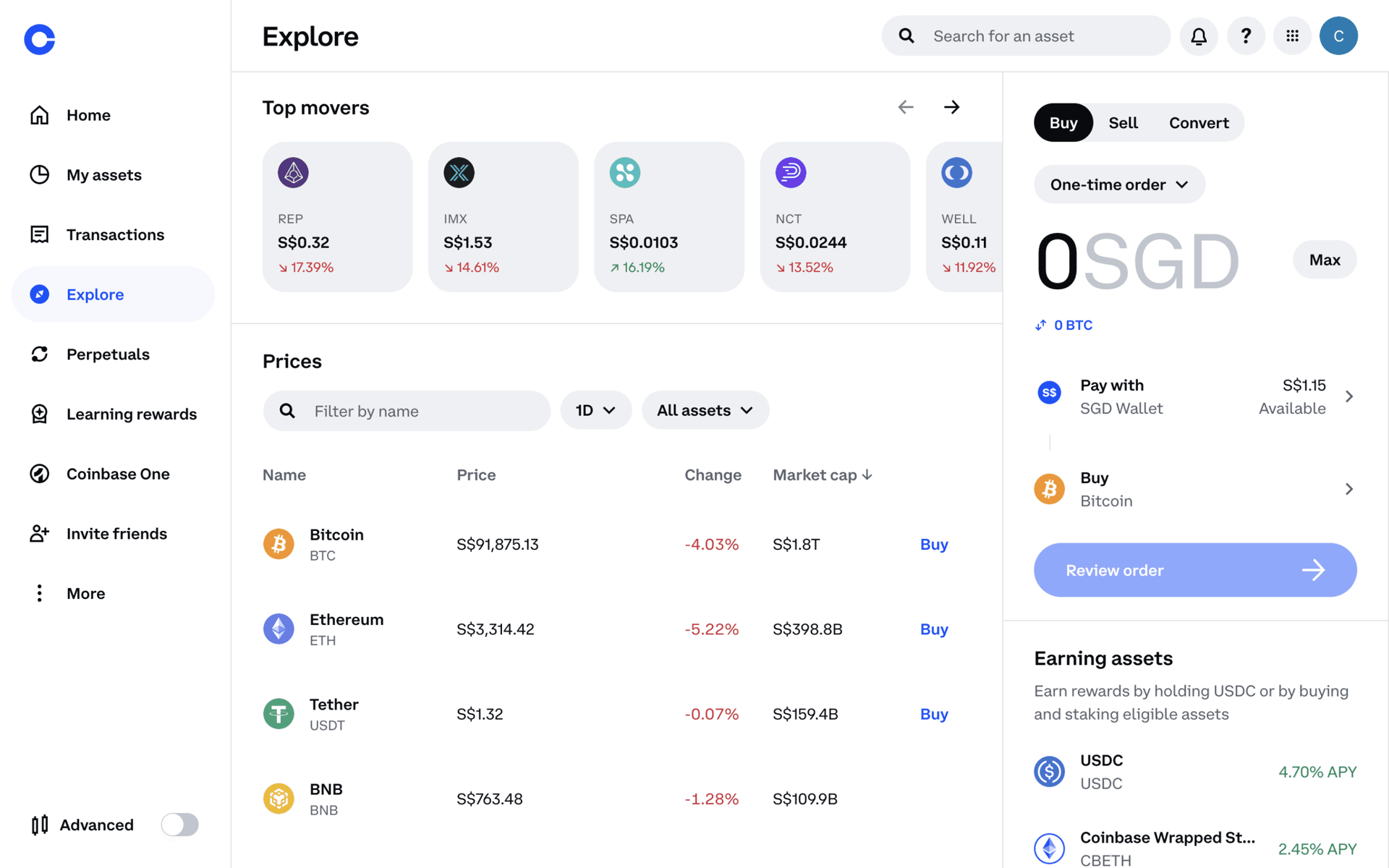 Coinbase Web Finance interface screenshot 12