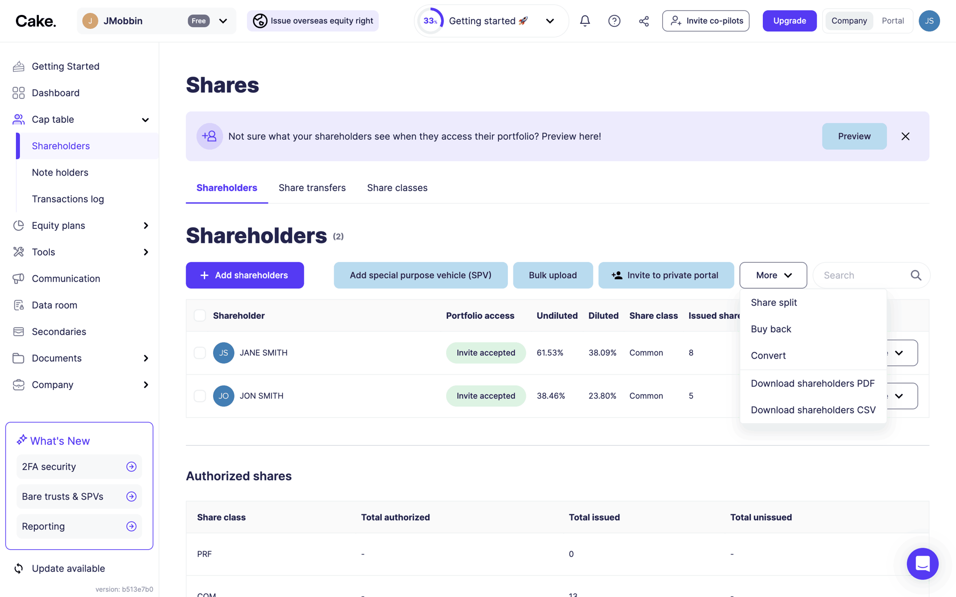 Cake Equity Web Business interface screenshot 12