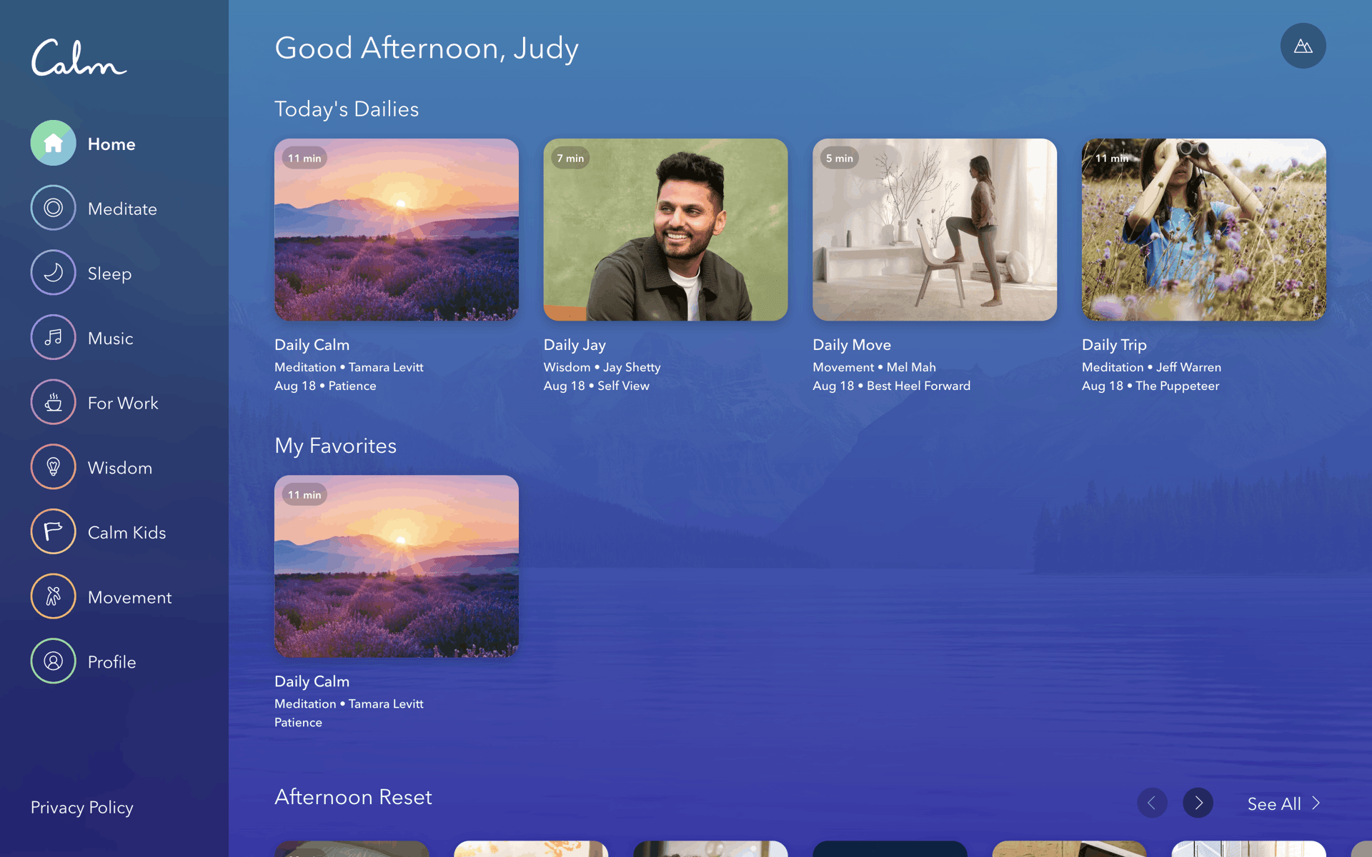 Calm Web Health & Fitness interface screenshot 2