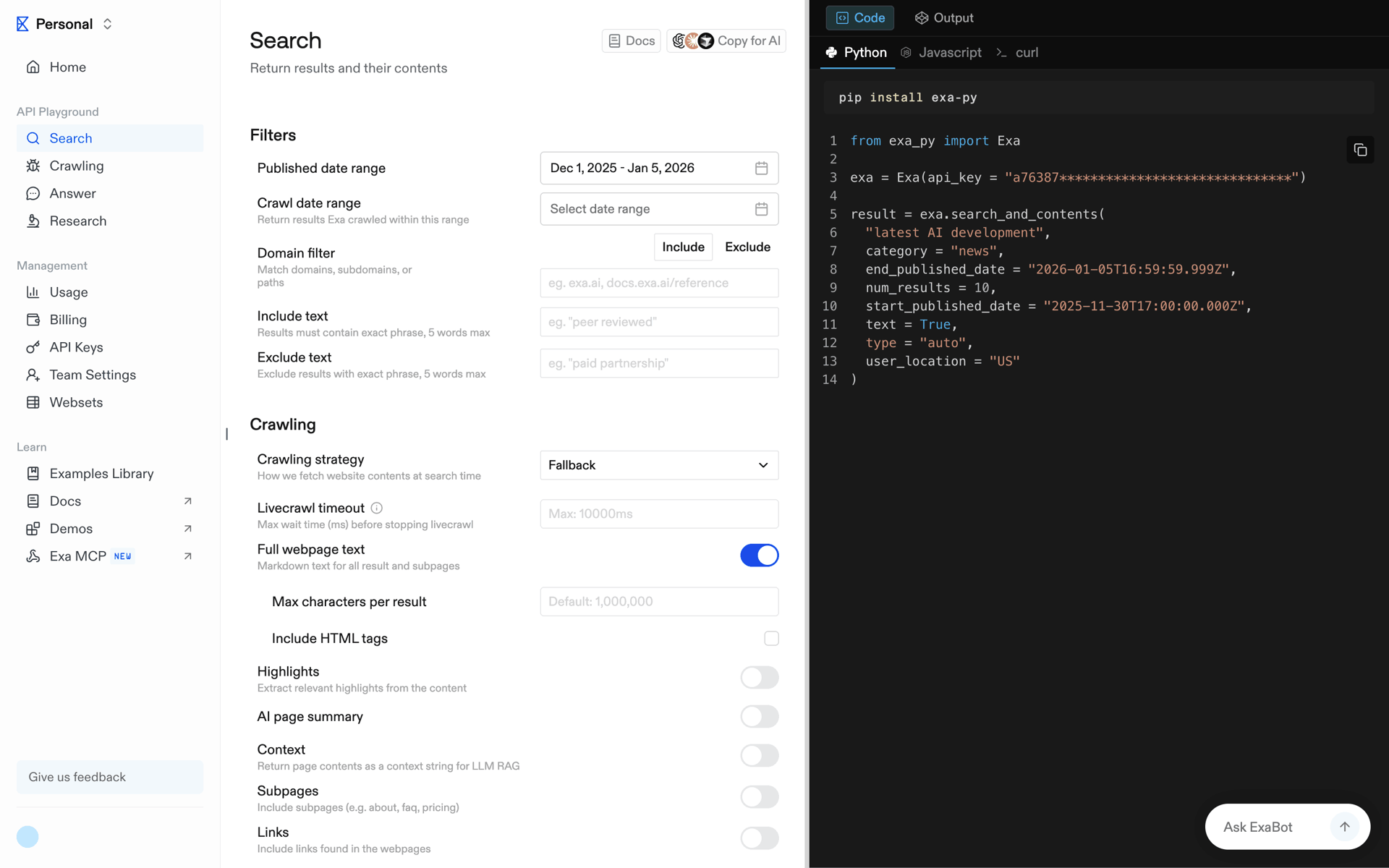 Exa Web Developer Tools interface screenshot 15