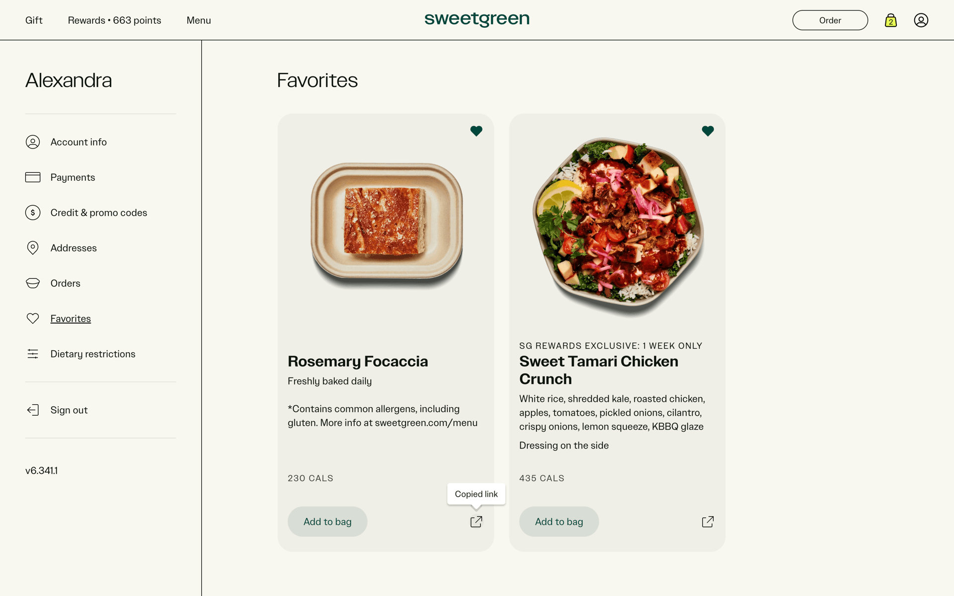 sweetgreen Web Food & Drink interface screenshot 17