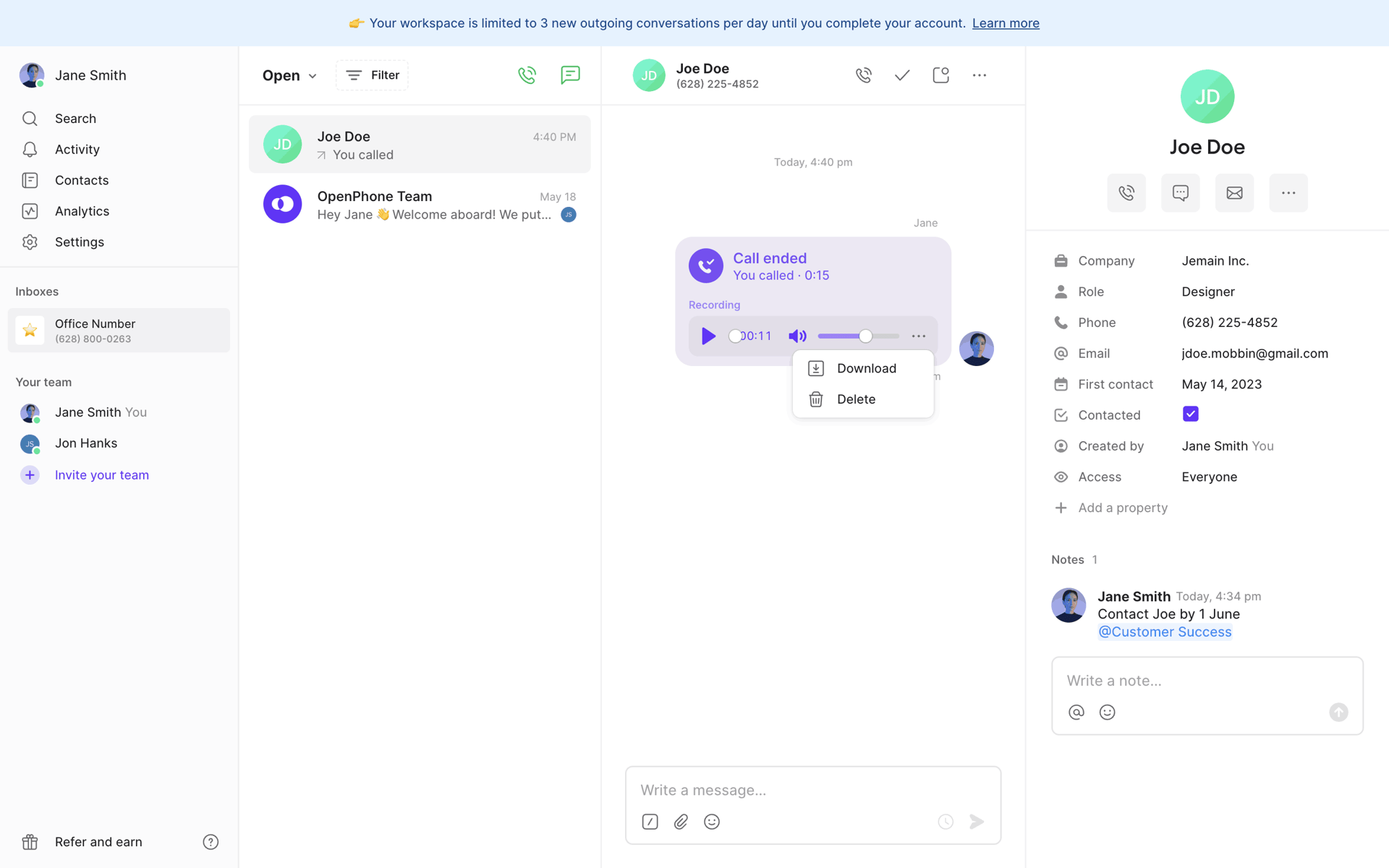 OpenPhone Web Business interface screenshot 16
