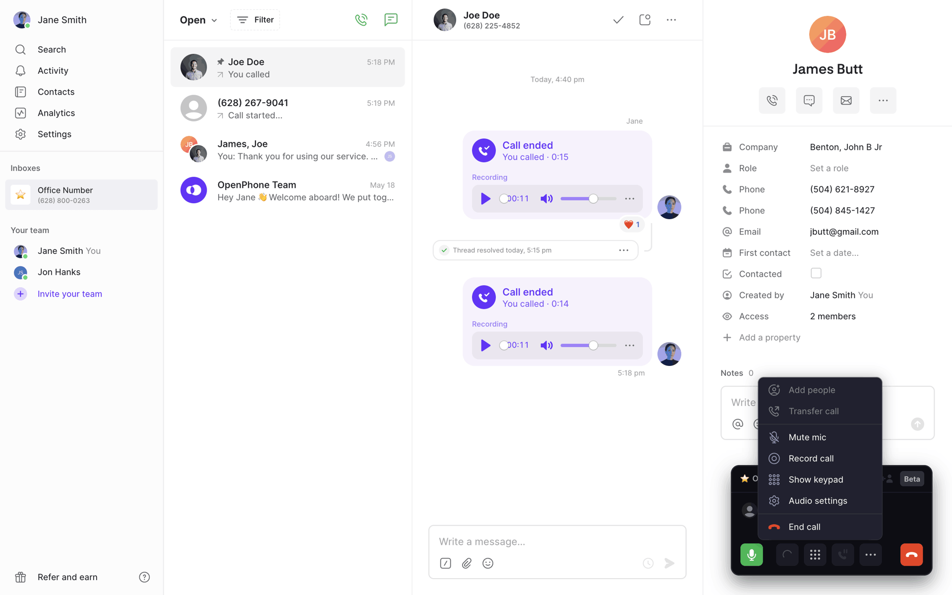 OpenPhone Web Business interface screenshot 10