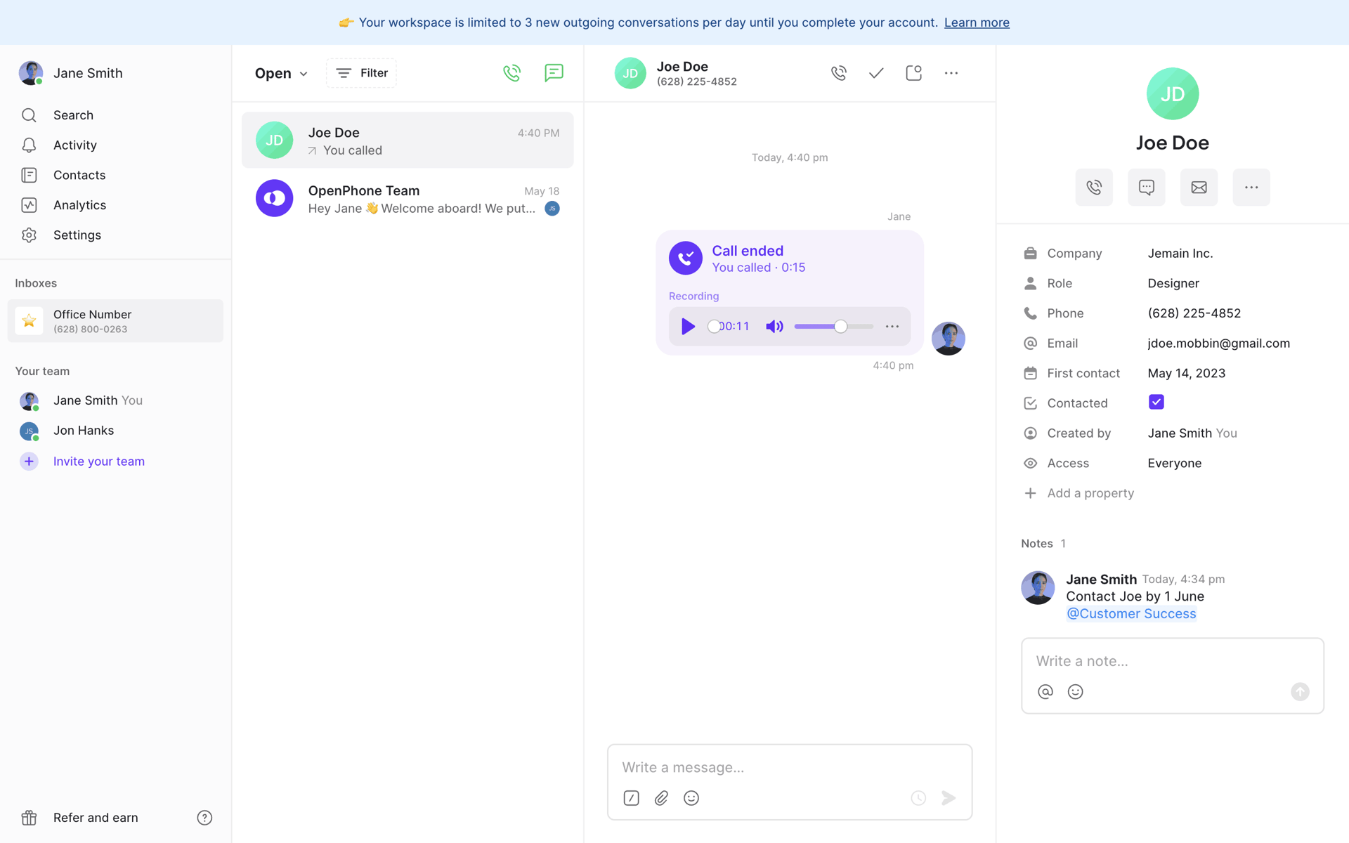 OpenPhone Web Business interface screenshot 8