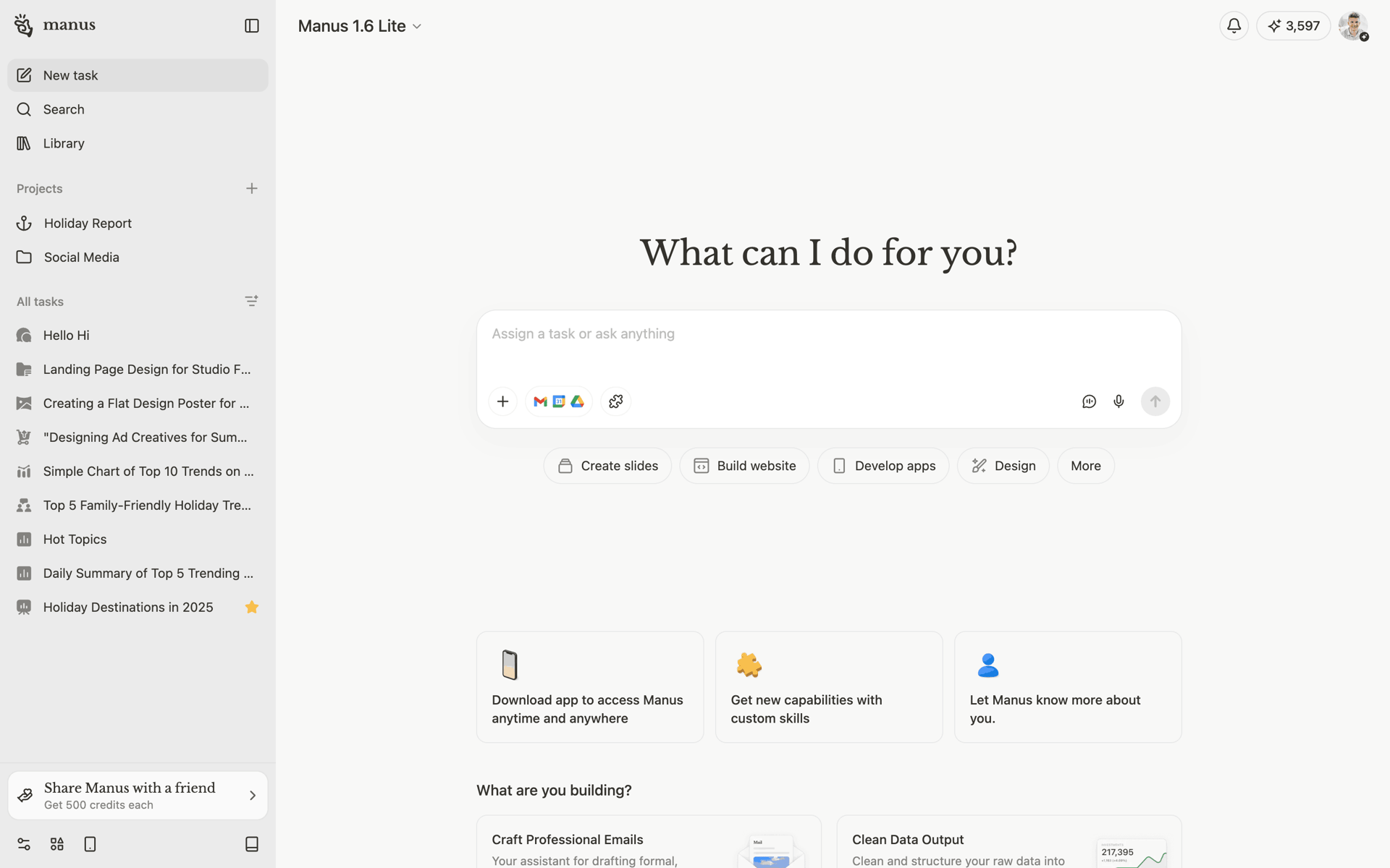 Manus Web AI interface screenshot 19