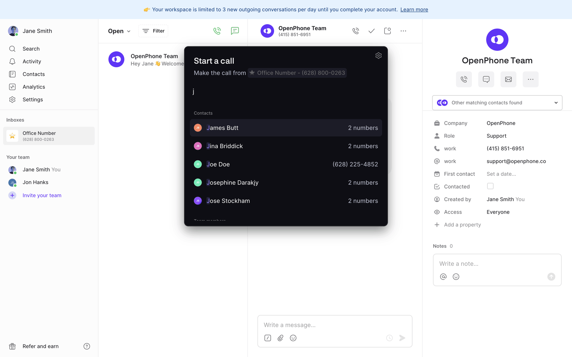 OpenPhone Web Business interface screenshot 7