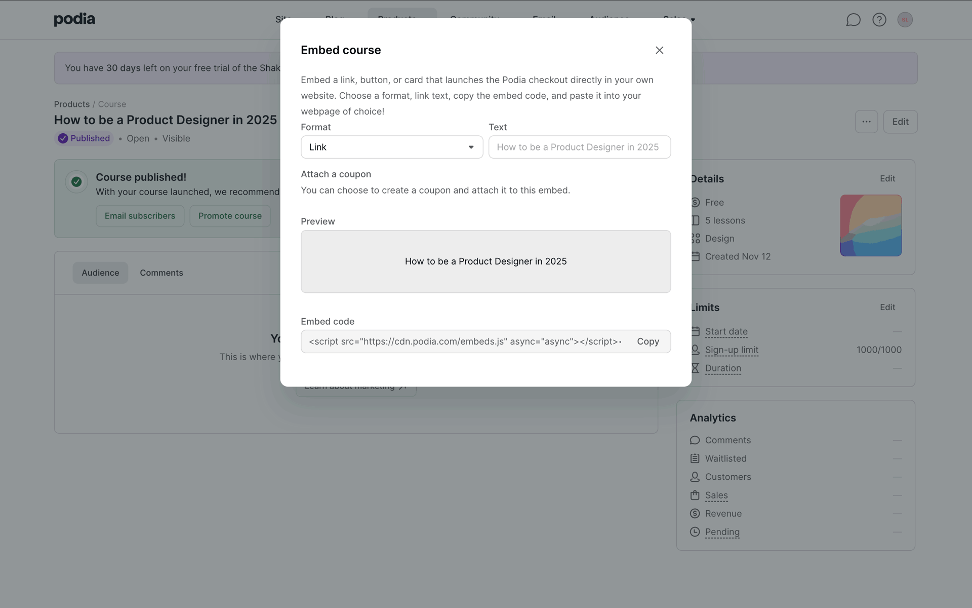Podia Web Business interface screenshot 16