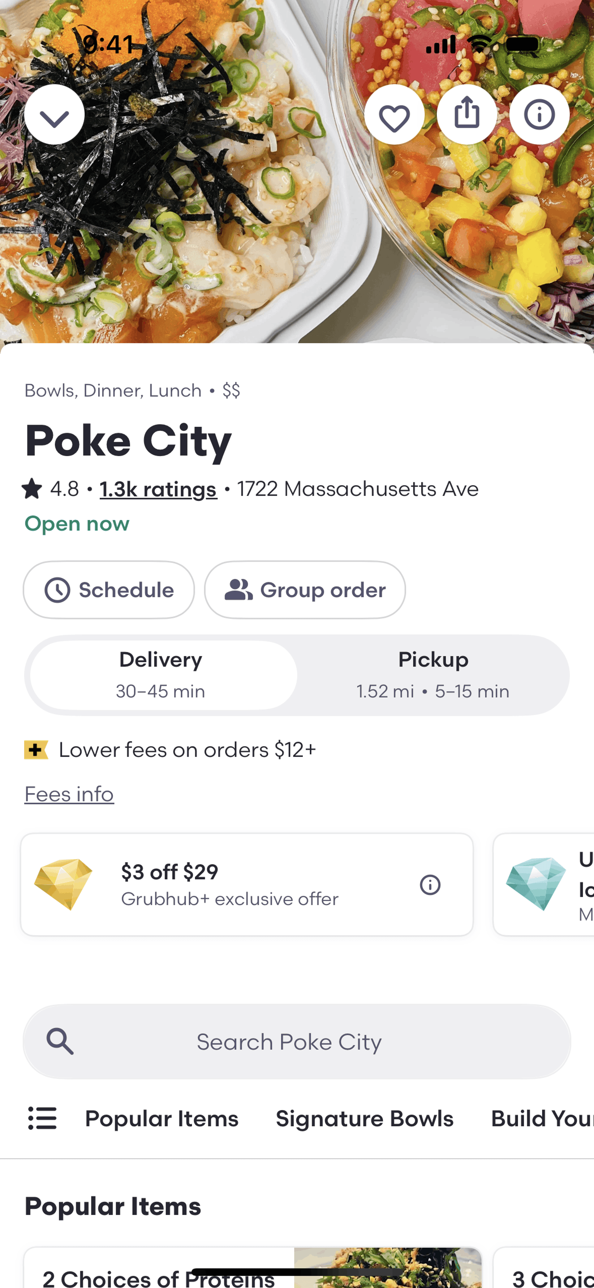 Restaurant detail on Grubhub (ios) screen 2