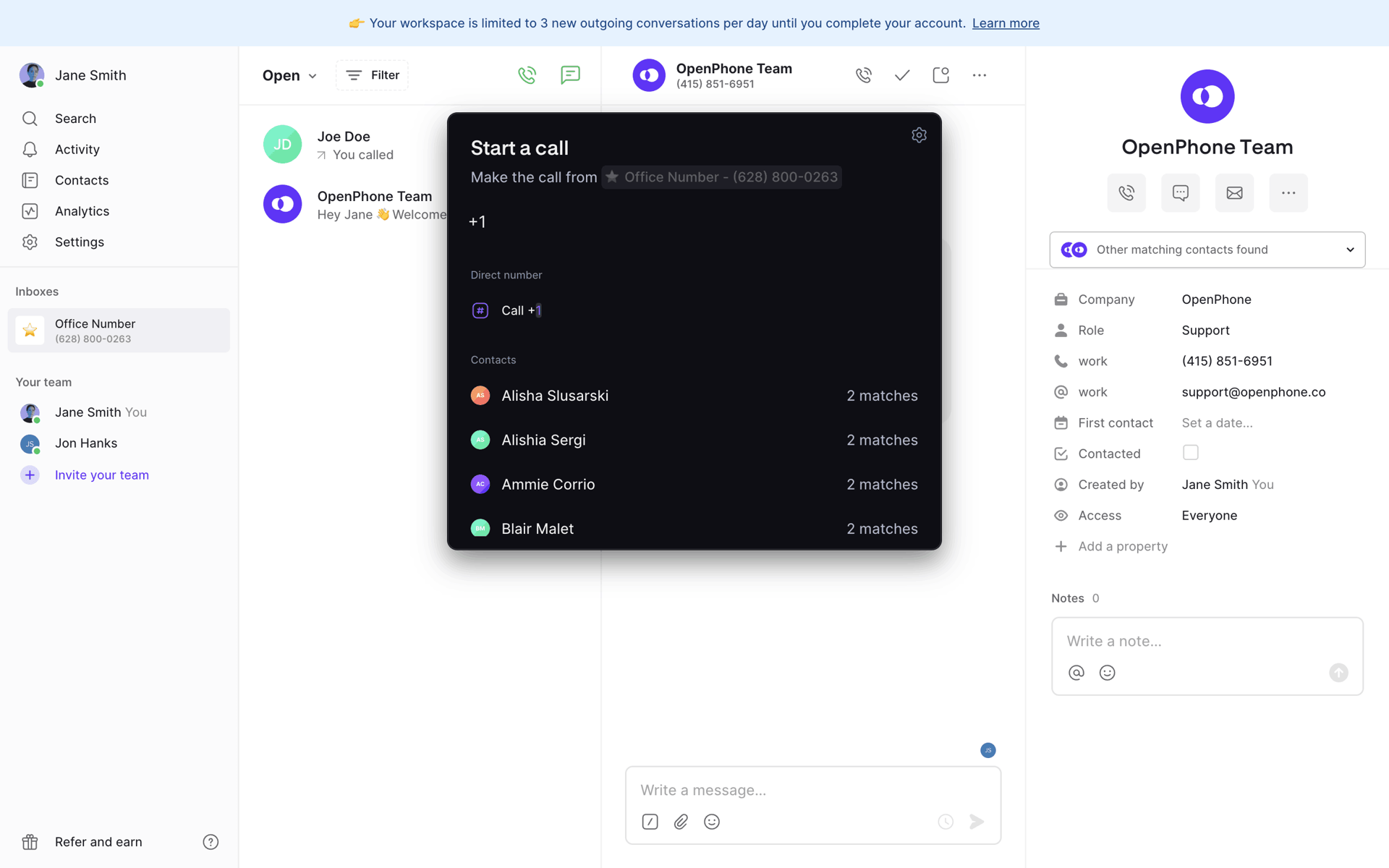 OpenPhone Web Business interface screenshot 9