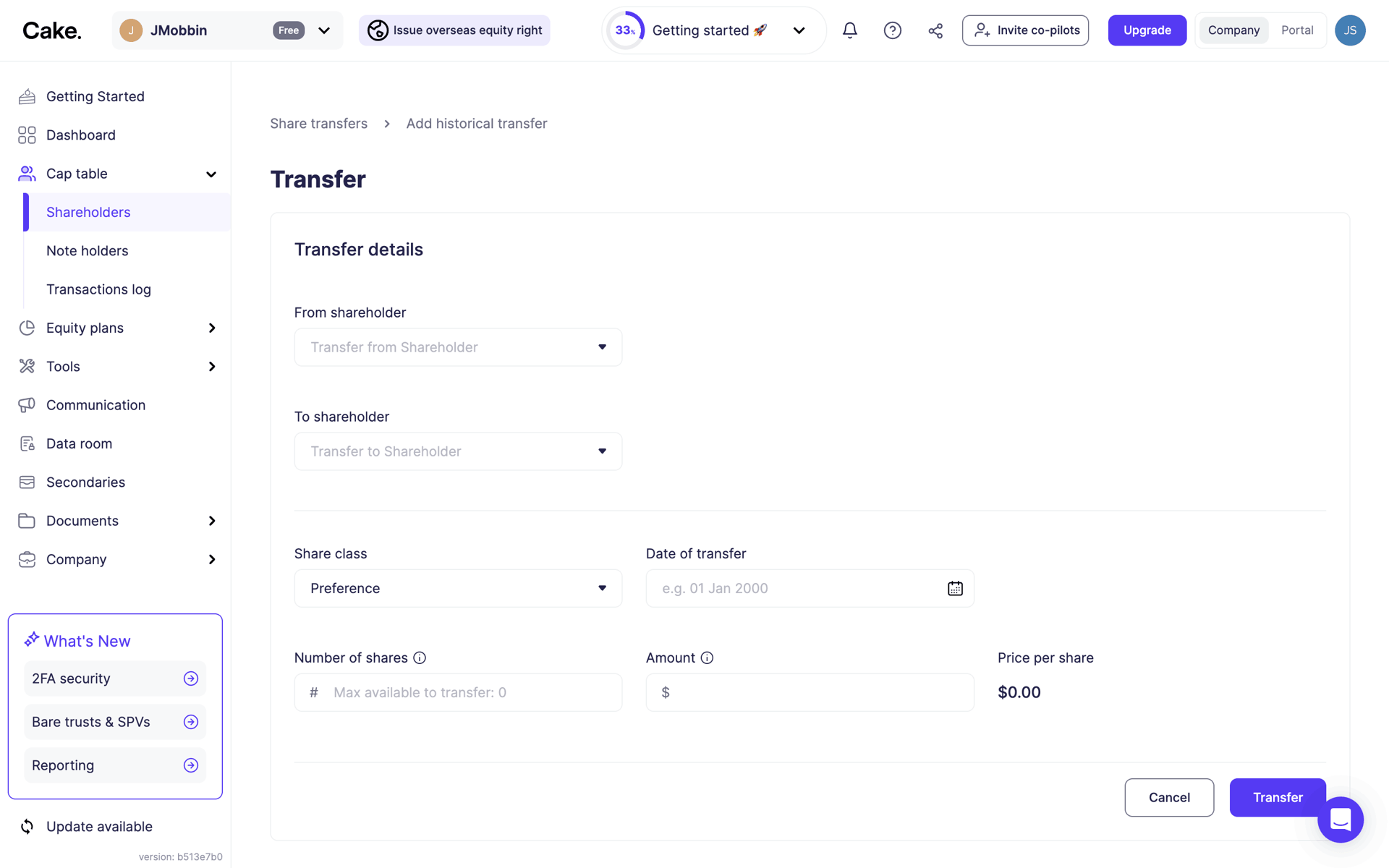 Cake Equity Web Business interface screenshot 21