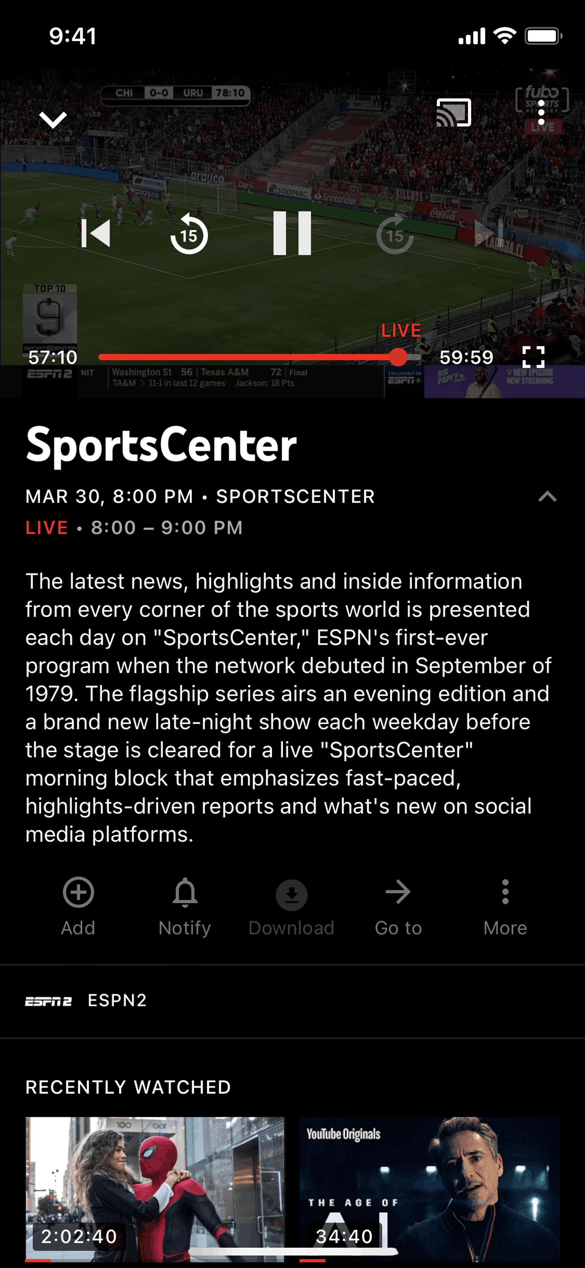 Video player options on YouTube TV (ios) screen 2