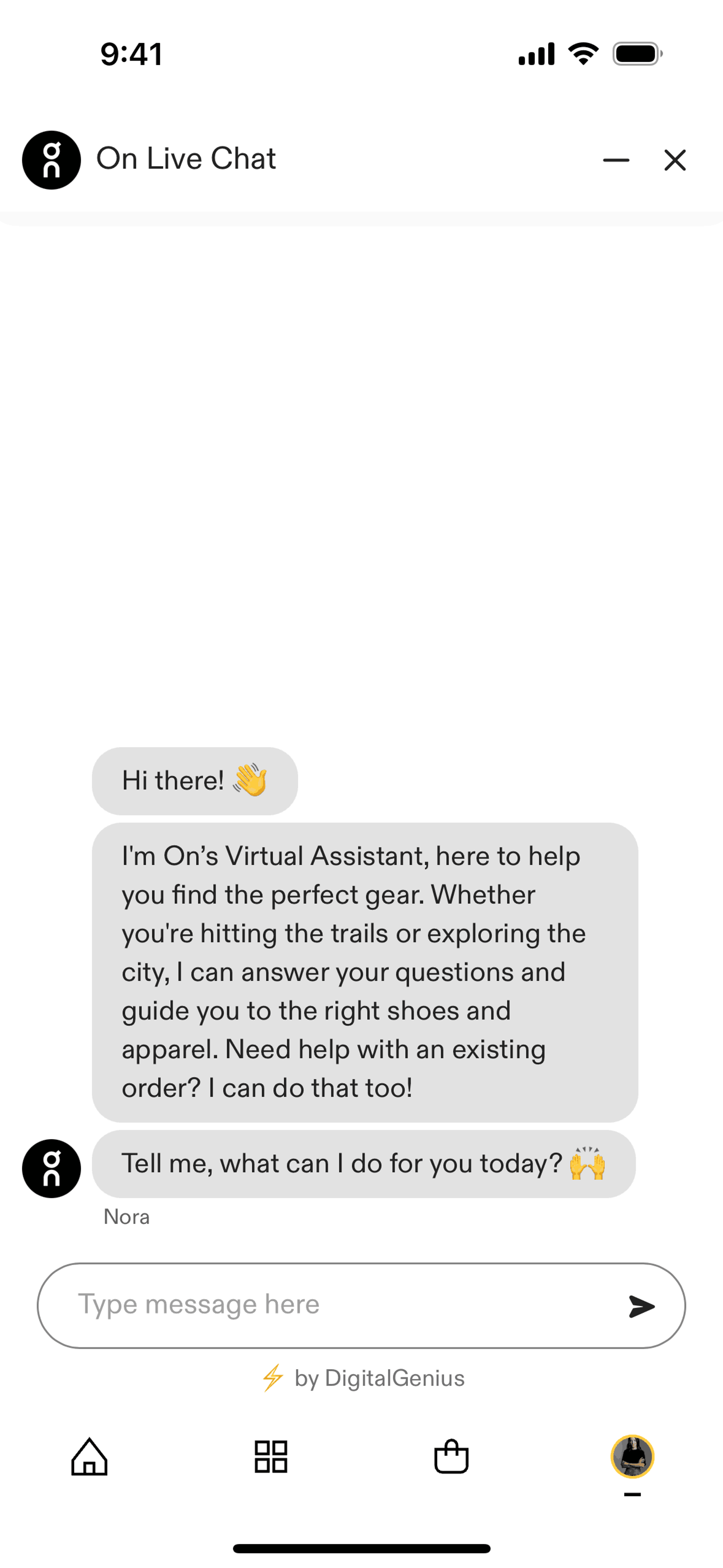 Chat with a virtual assistant on On (ios) screen 2