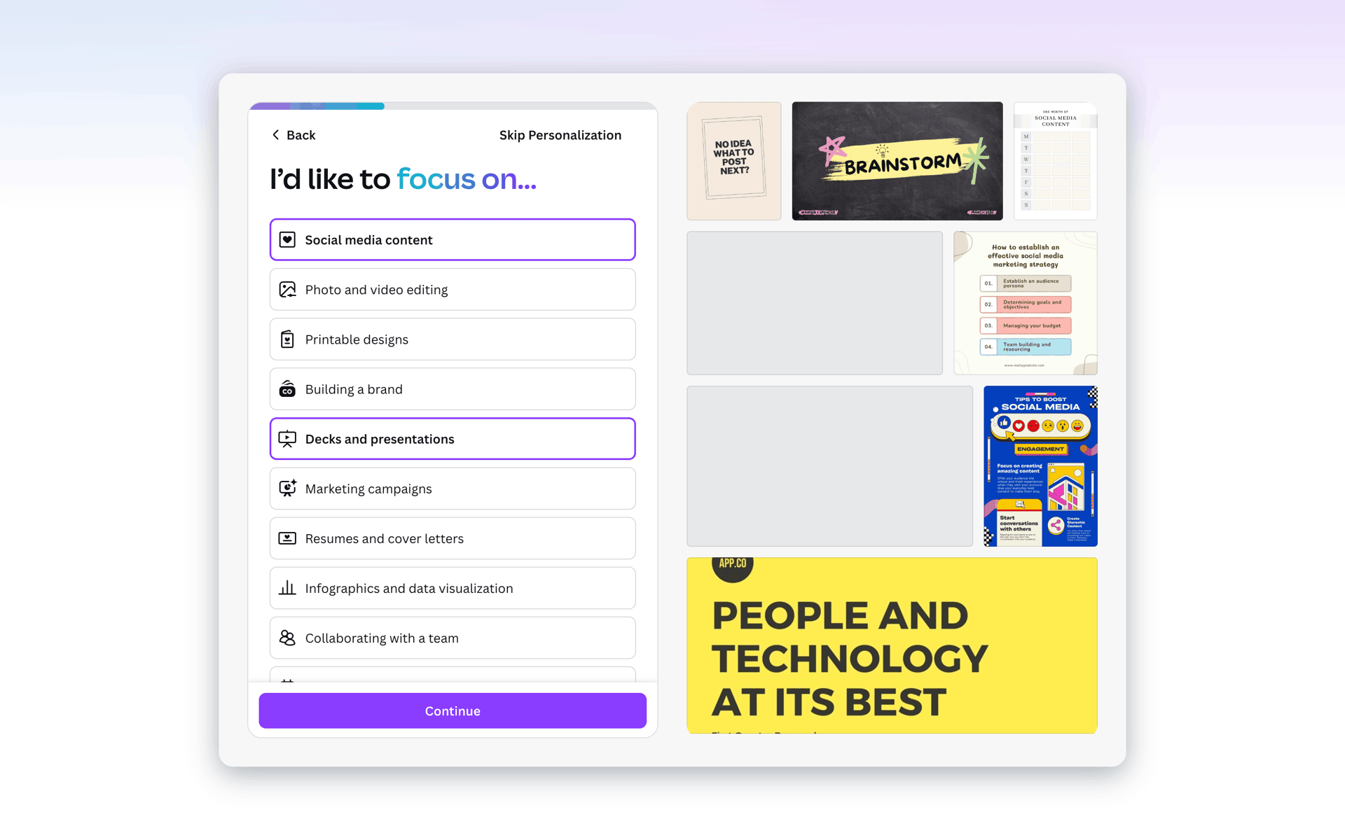 Onboarding on Canva (web) screen 10