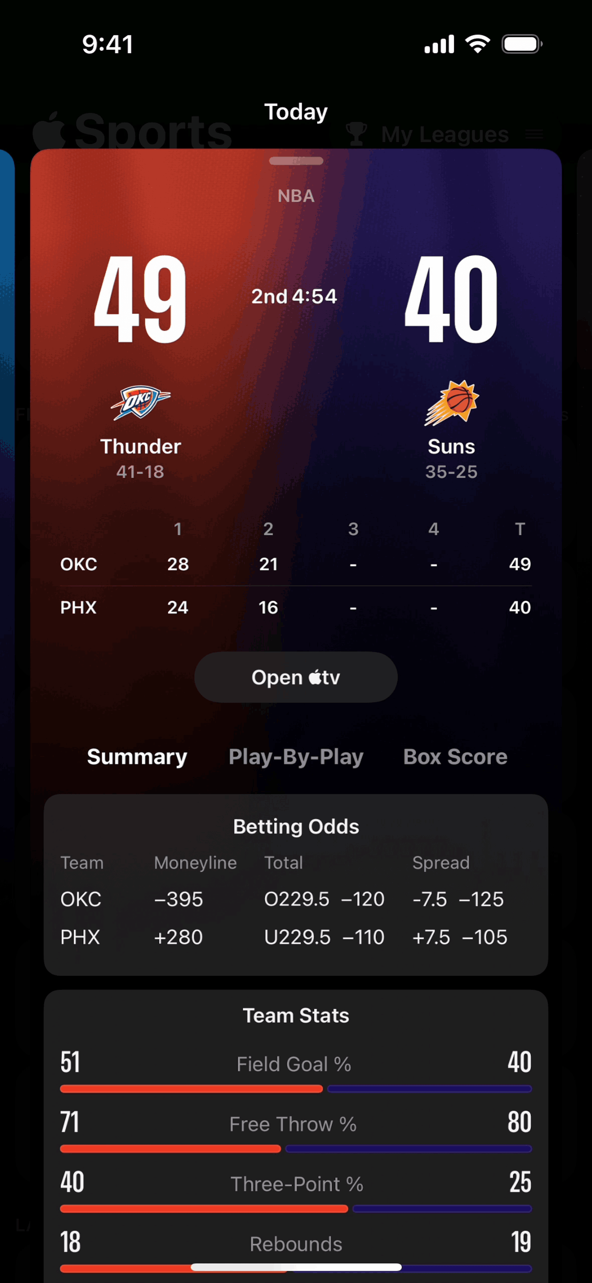 Apple Sports iOS Sports interface screenshot 4