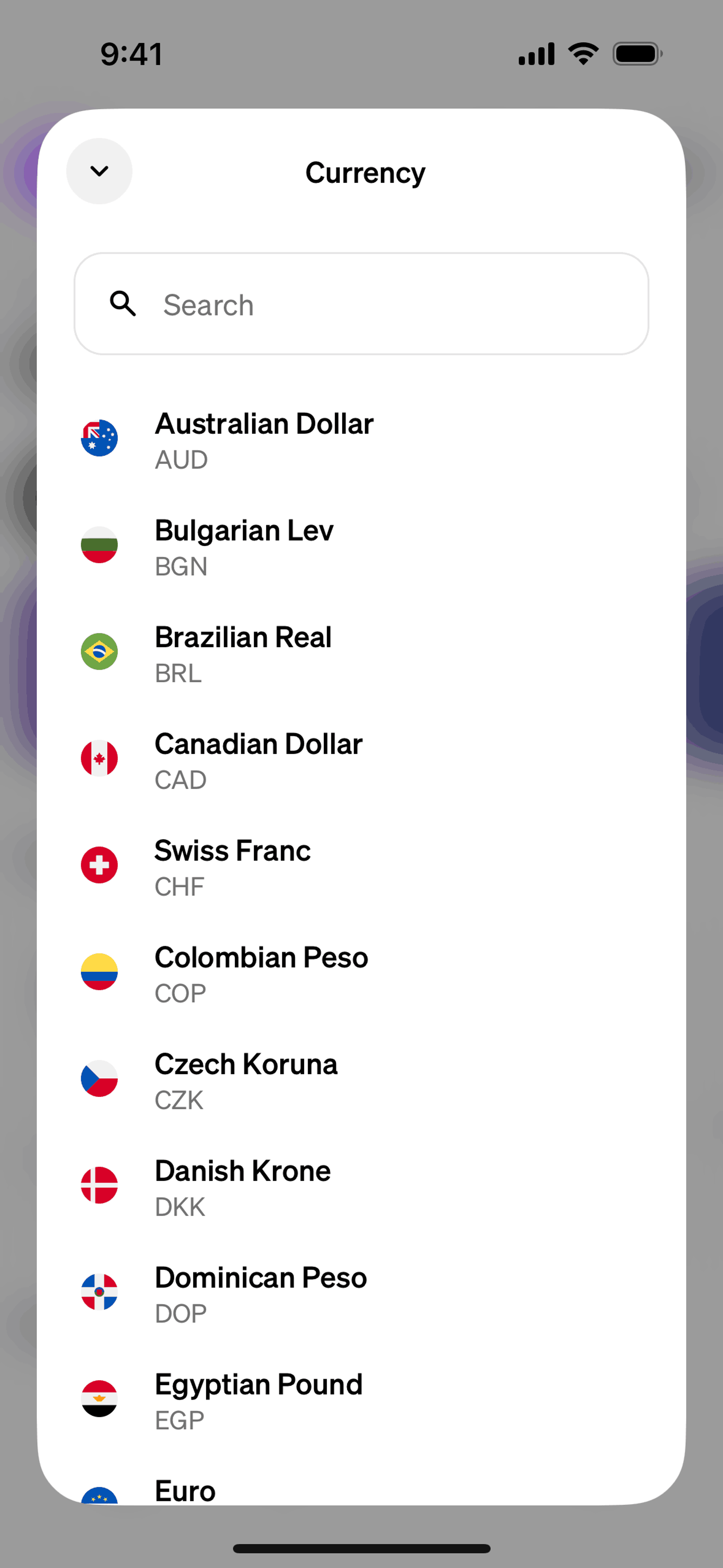 Changing default currency on MoonPay (ios) screen 2