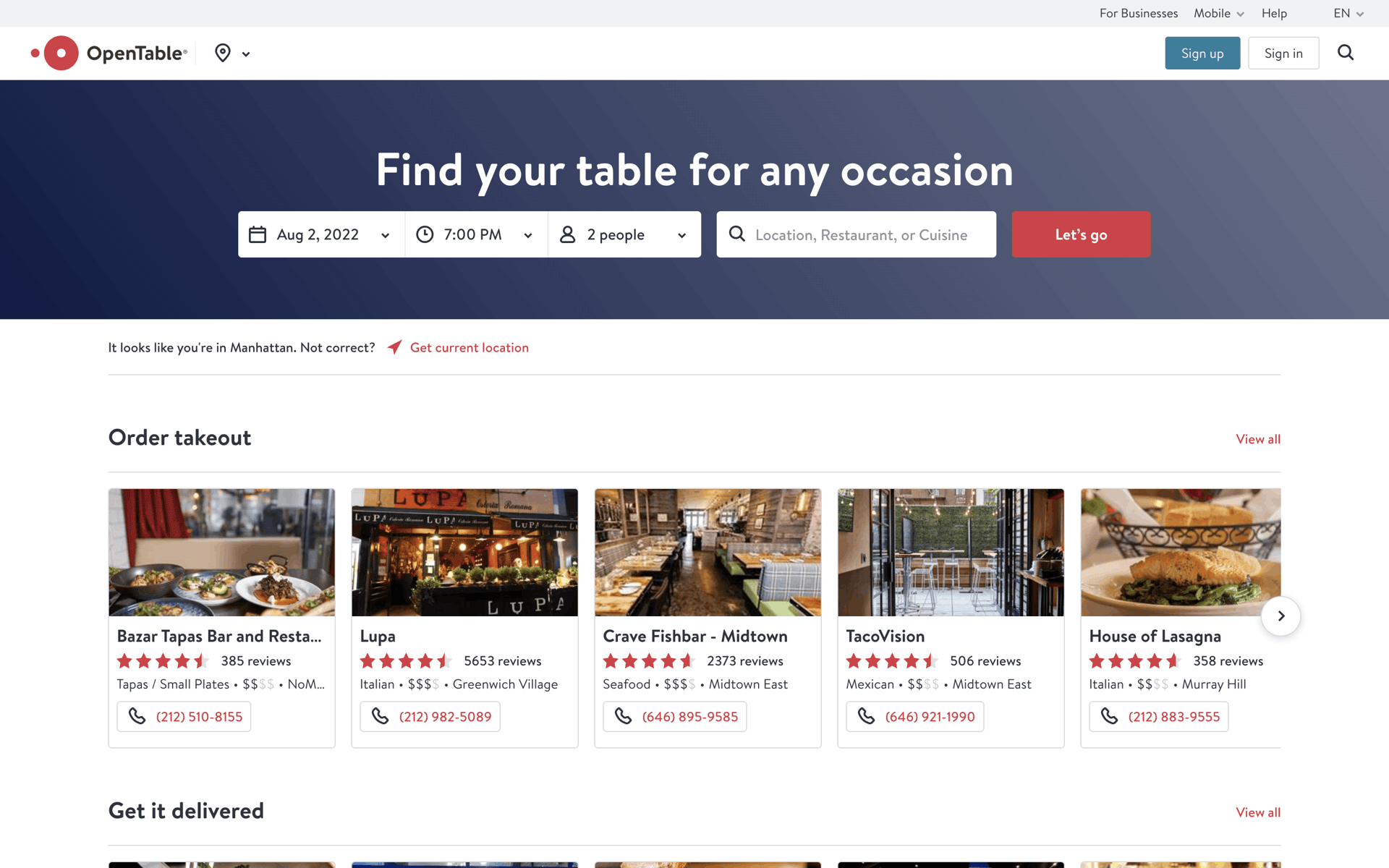 OpenTable Web Food & Drink interface screenshot 1