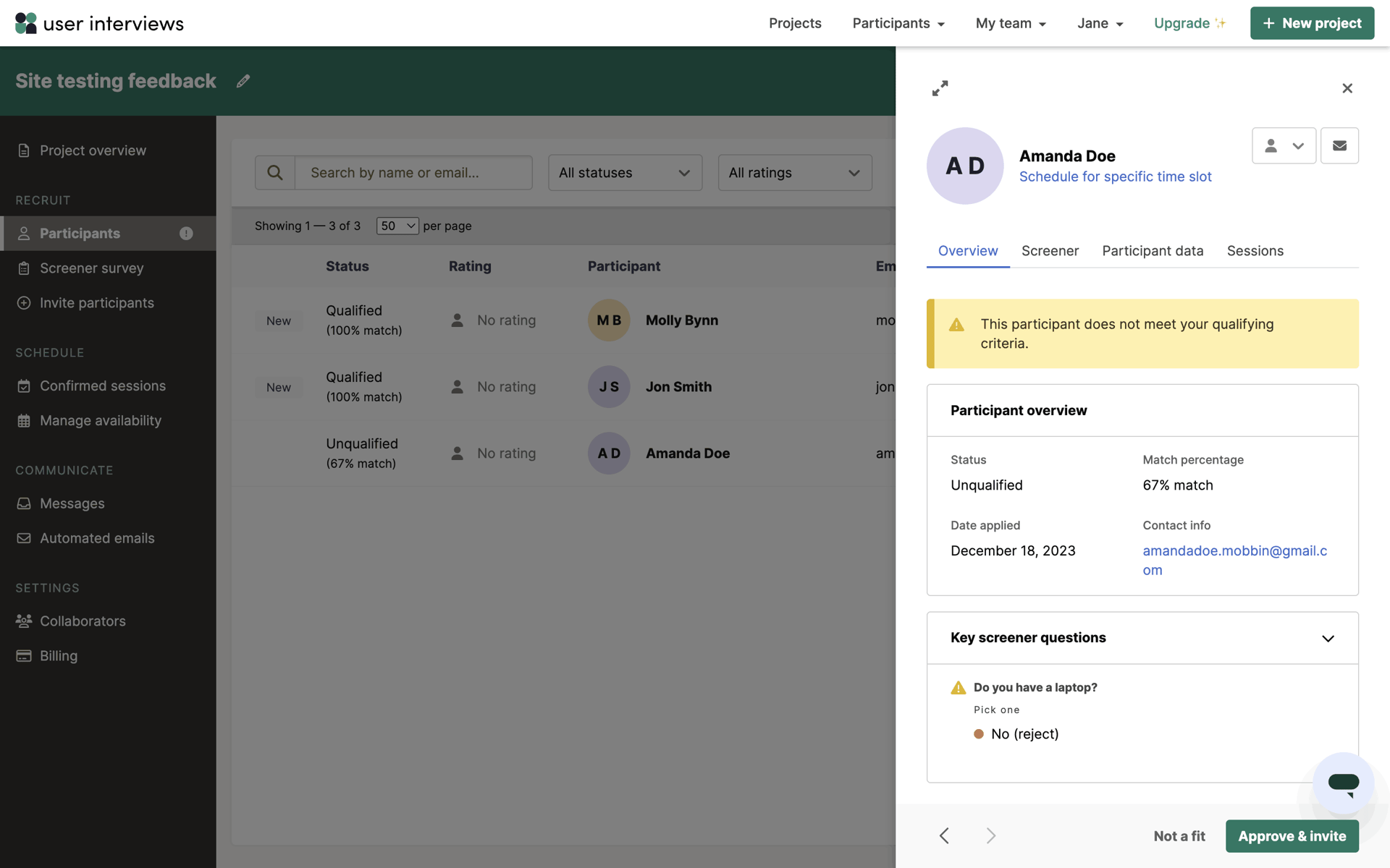 User Interviews Web Business interface screenshot 21