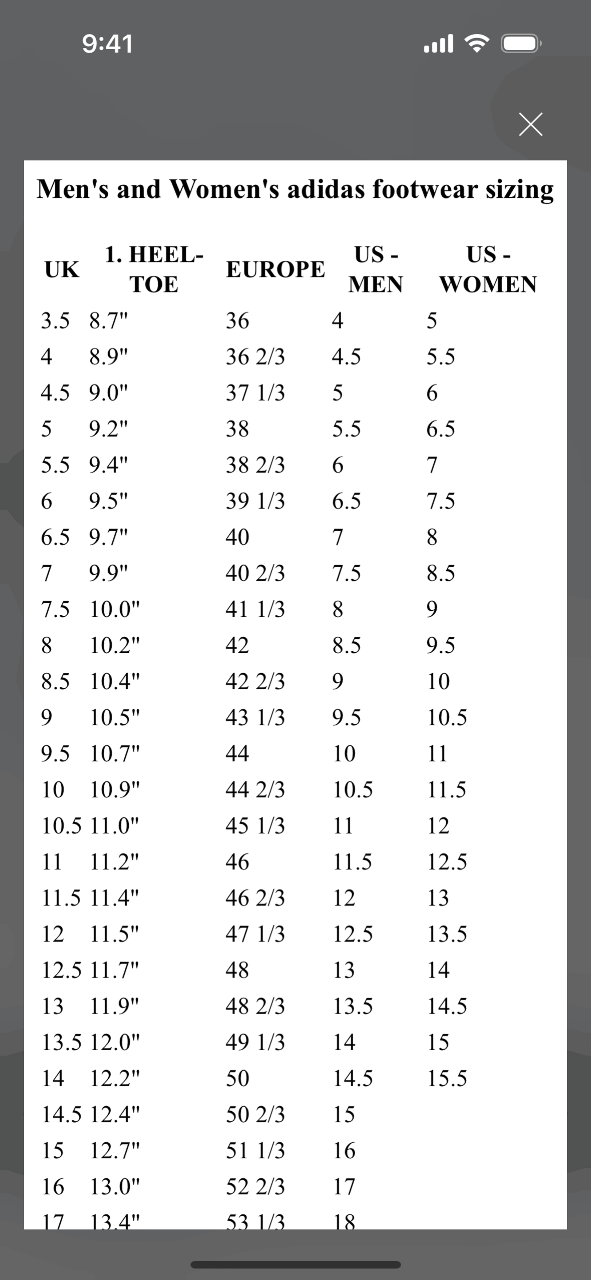 Size guide on adidas (ios) screen 2
