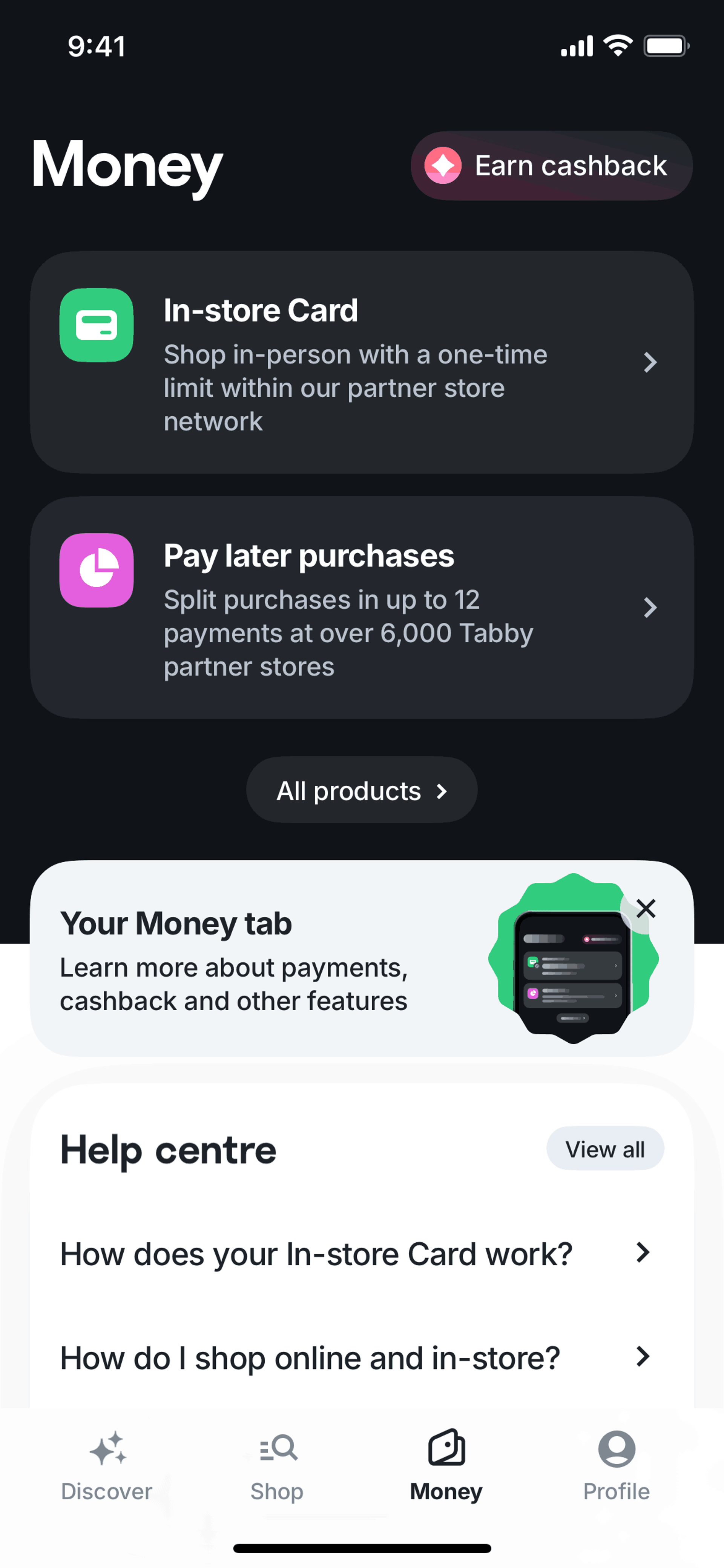 Tabby iOS Finance interface screenshot 2