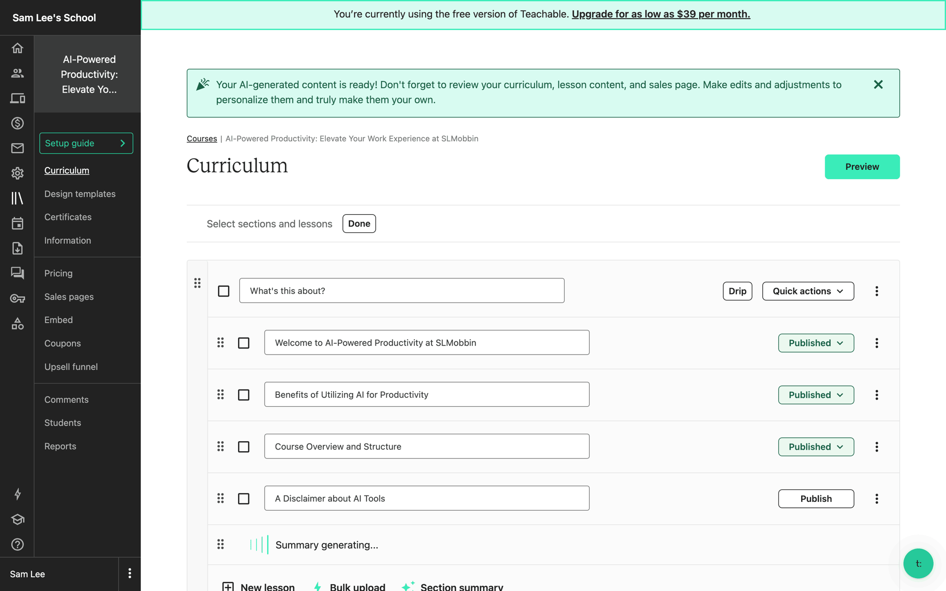 Teachable Web Business interface screenshot 16