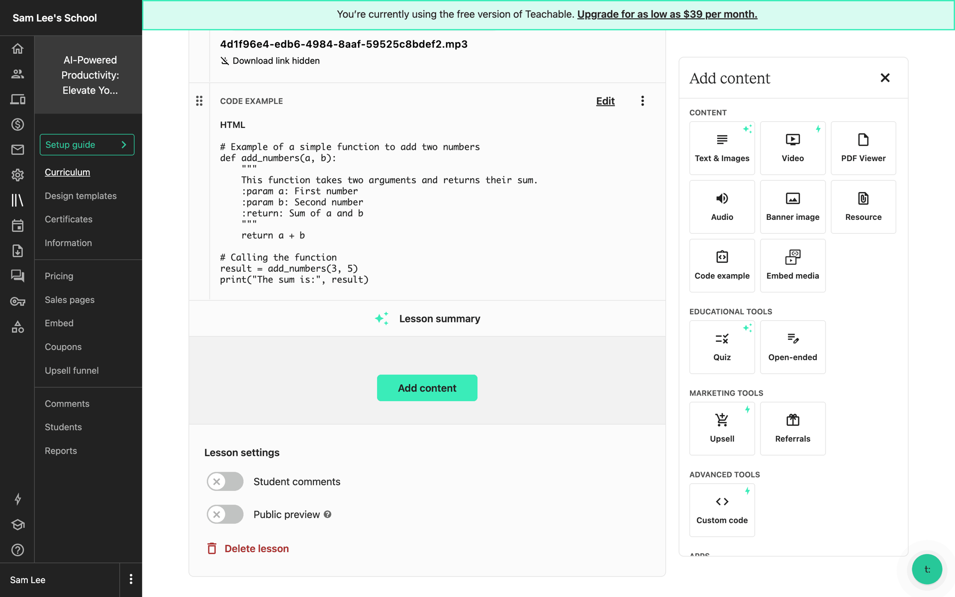 Teachable Web Business interface screenshot 9