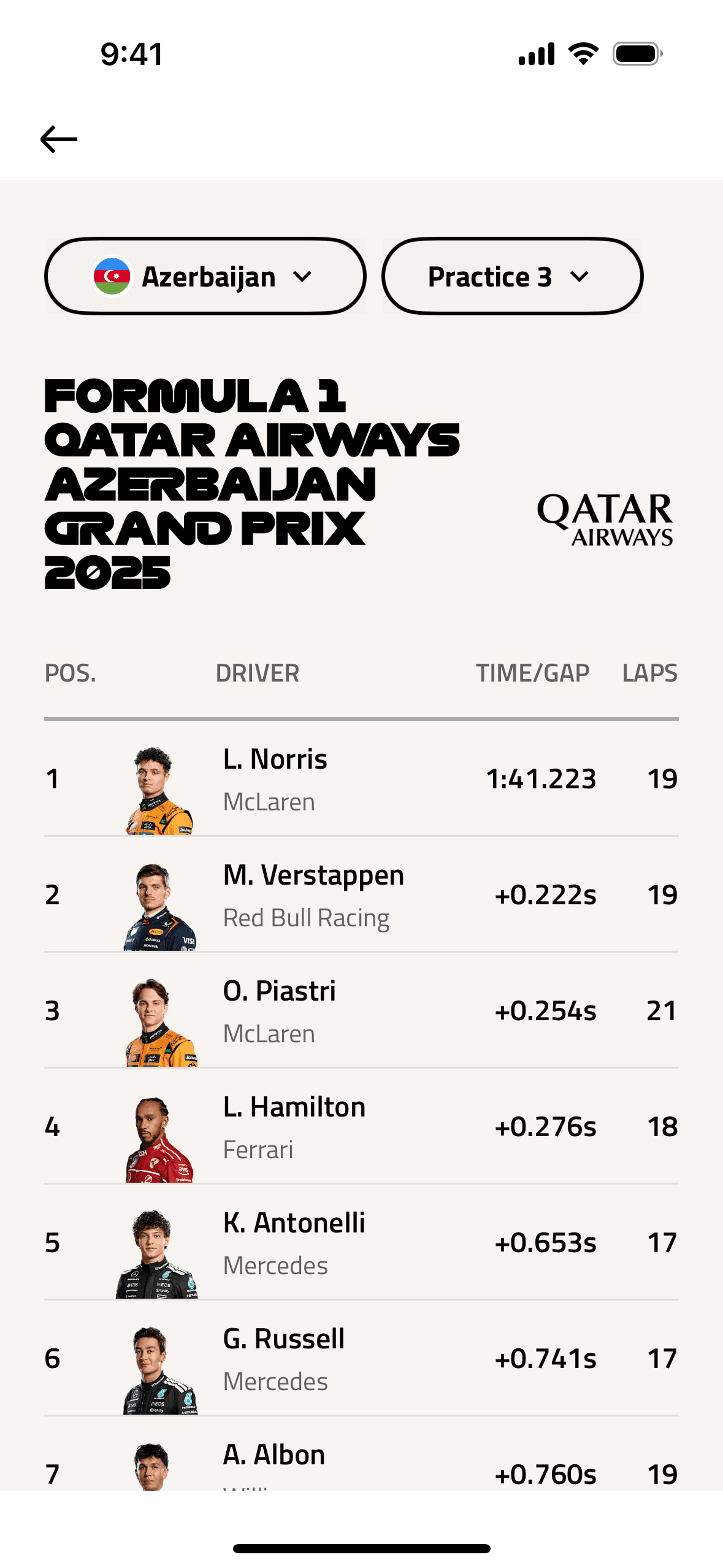 Formula 1® iOS Sports interface screenshot 8