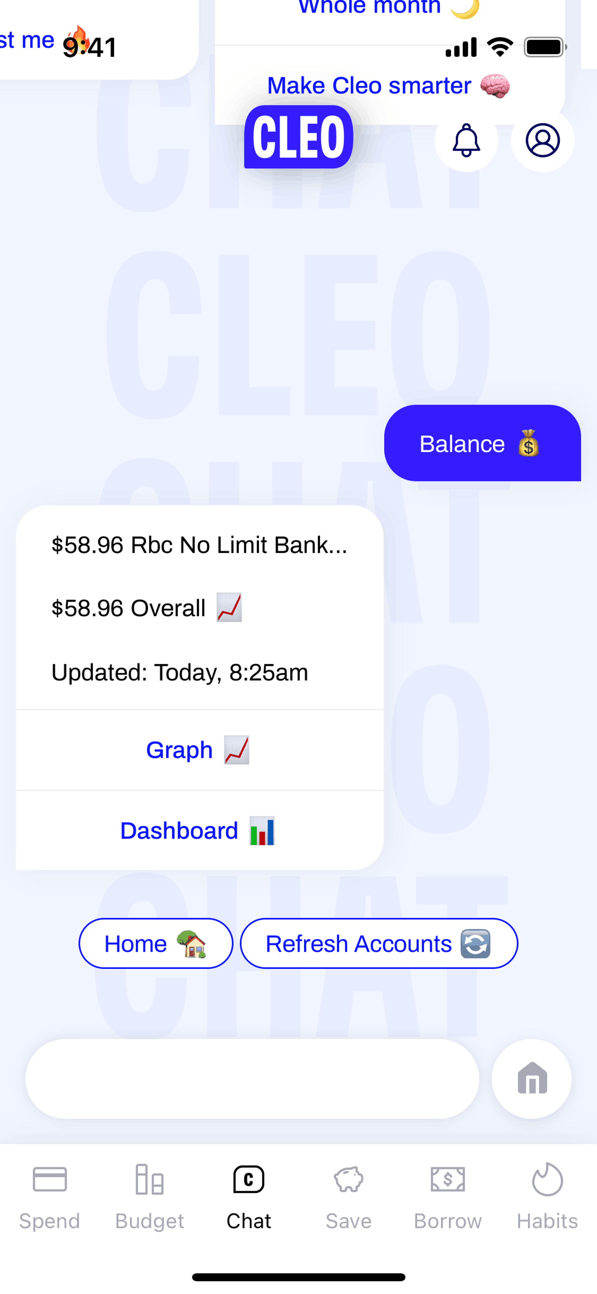 Cleo iOS Finance interface screenshot 10