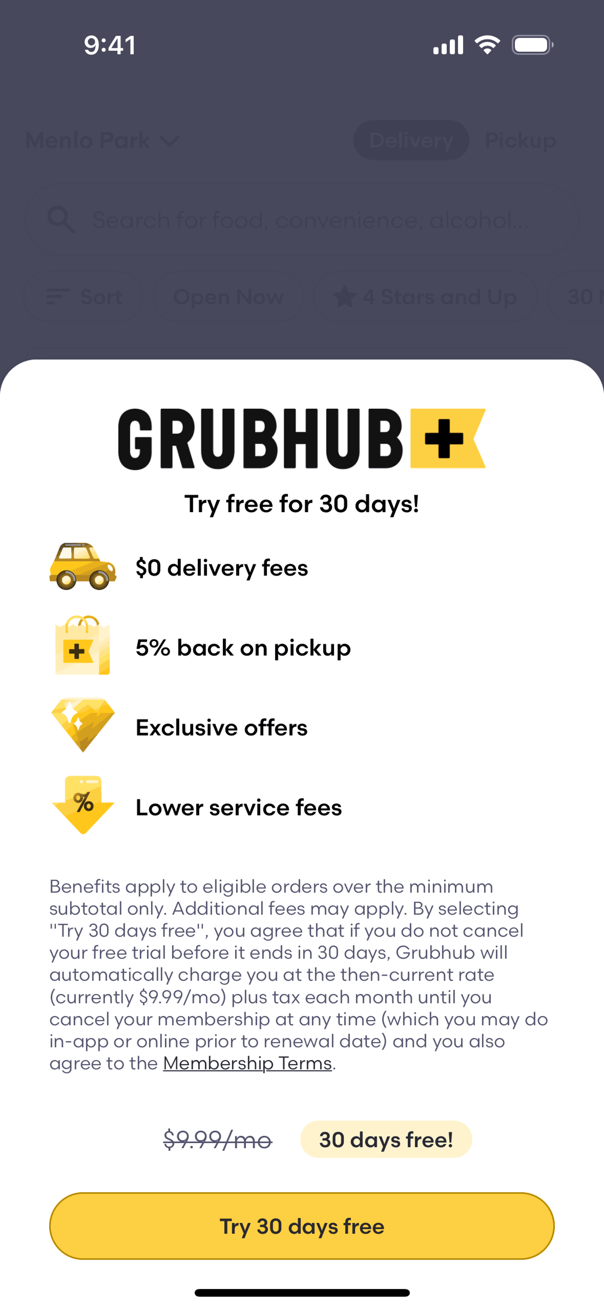 Subscribing to Grubhub+ on Grubhub (ios) screen 2