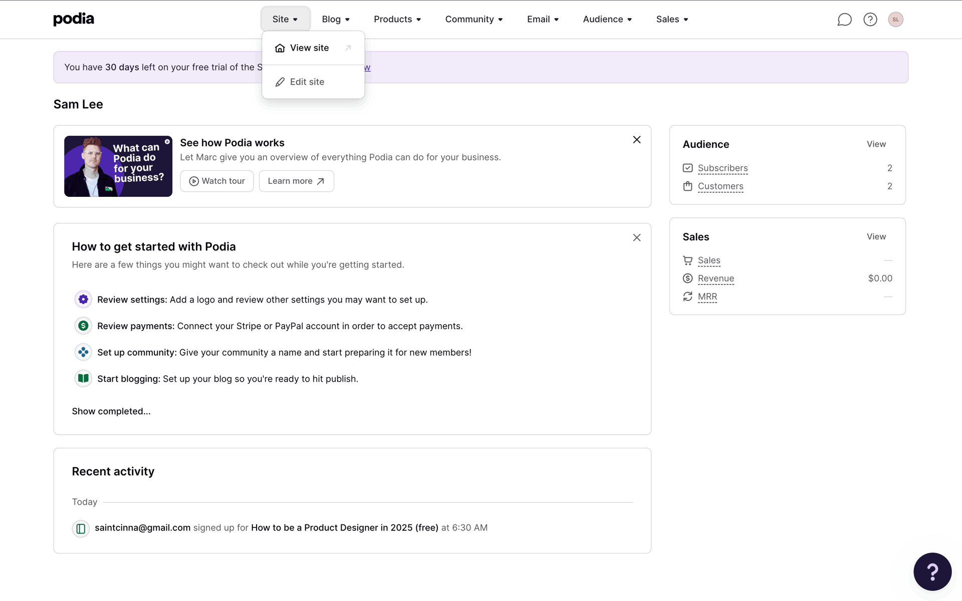 Podia Web Business interface screenshot 22