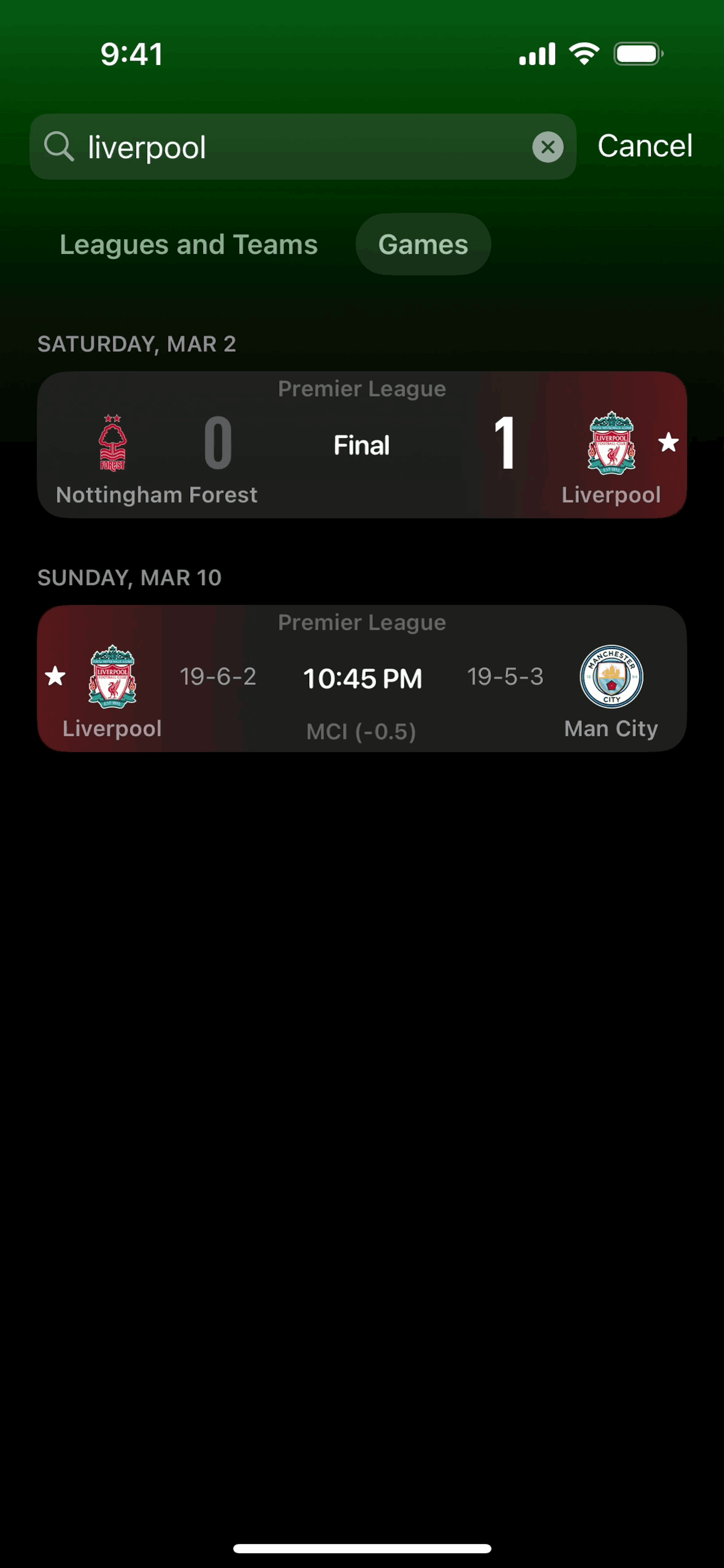 Sports app screen 2
