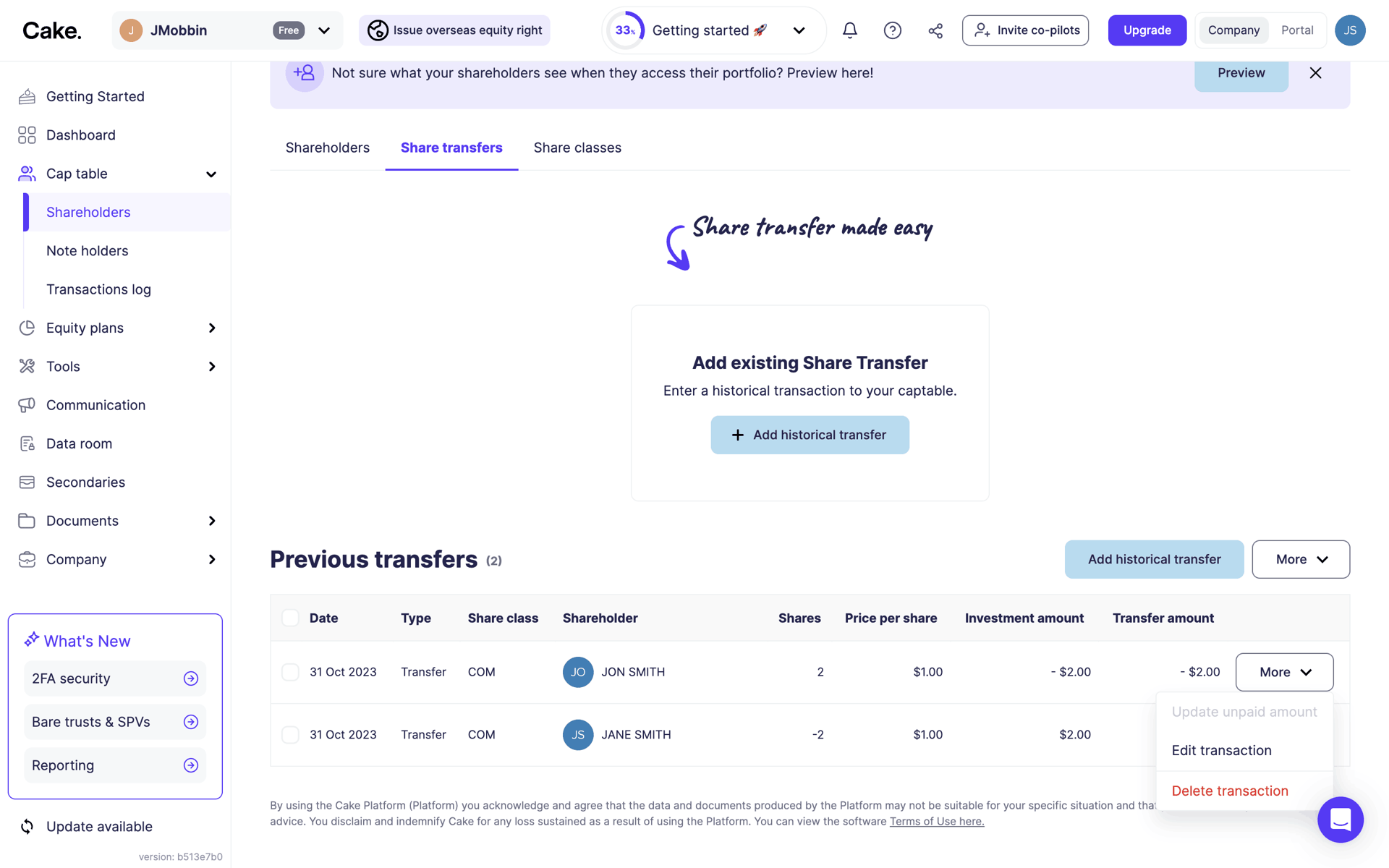 Cake Equity Web Business interface screenshot 22