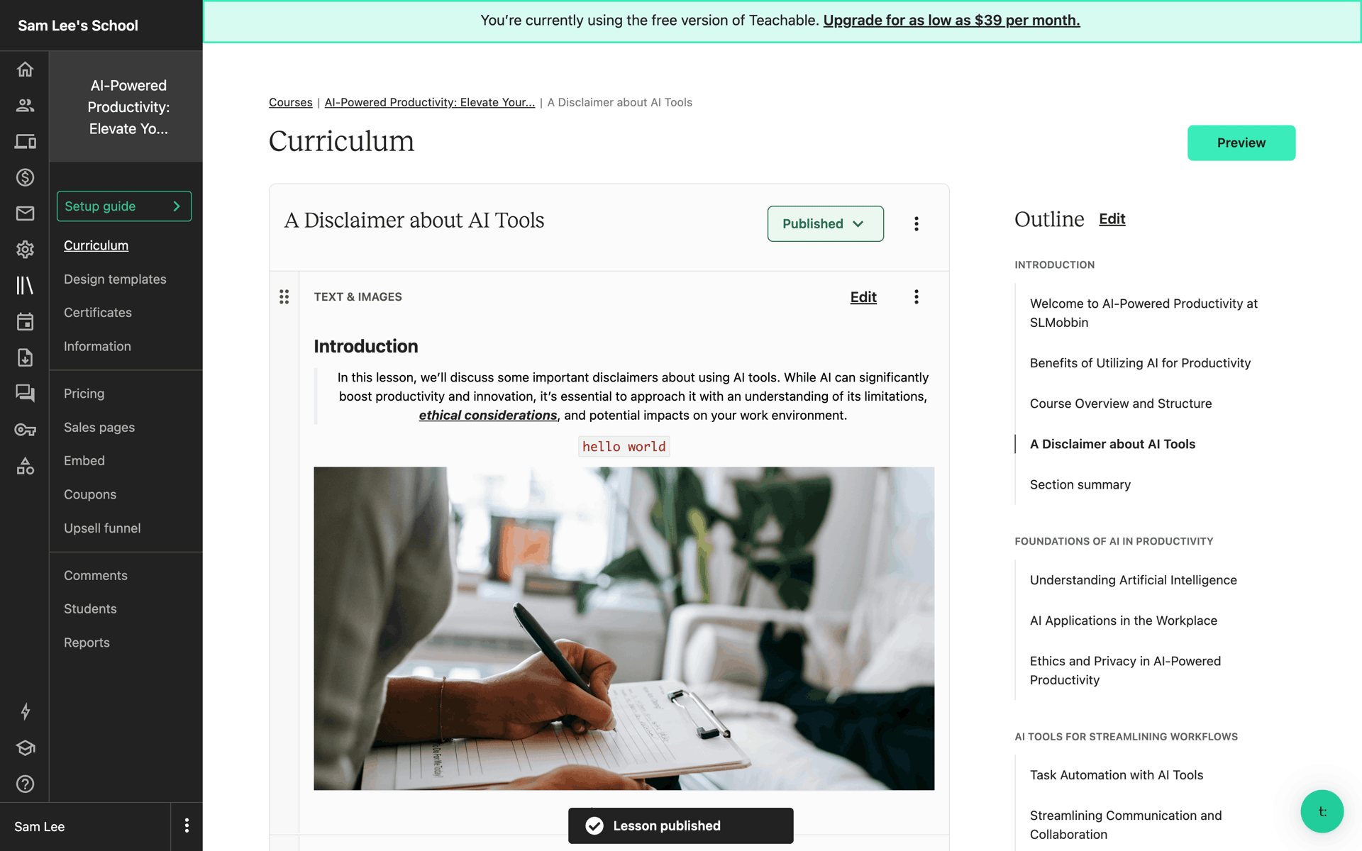 Teachable Web Business interface screenshot 13