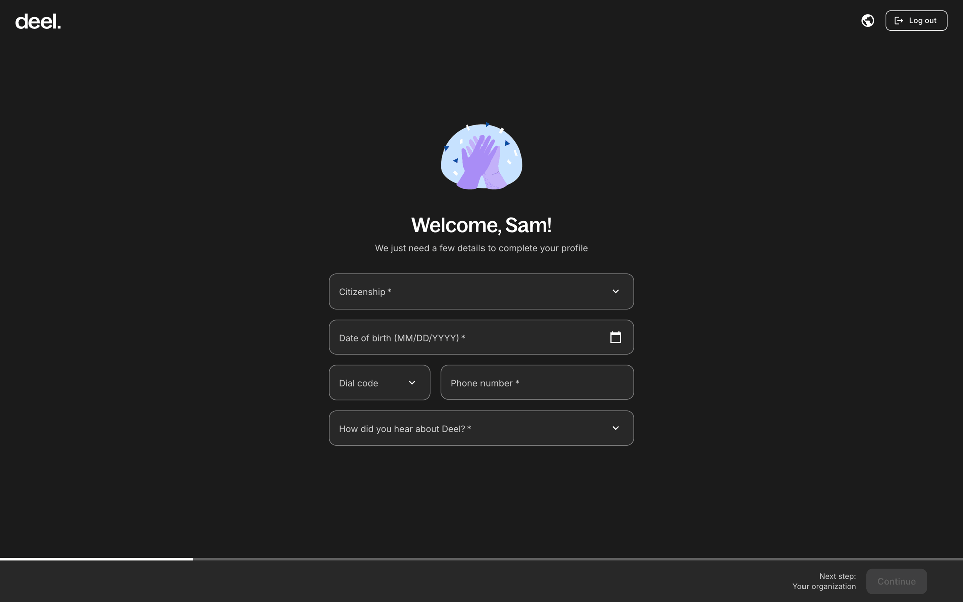 Completing sign up on Deel (web) screen 2
