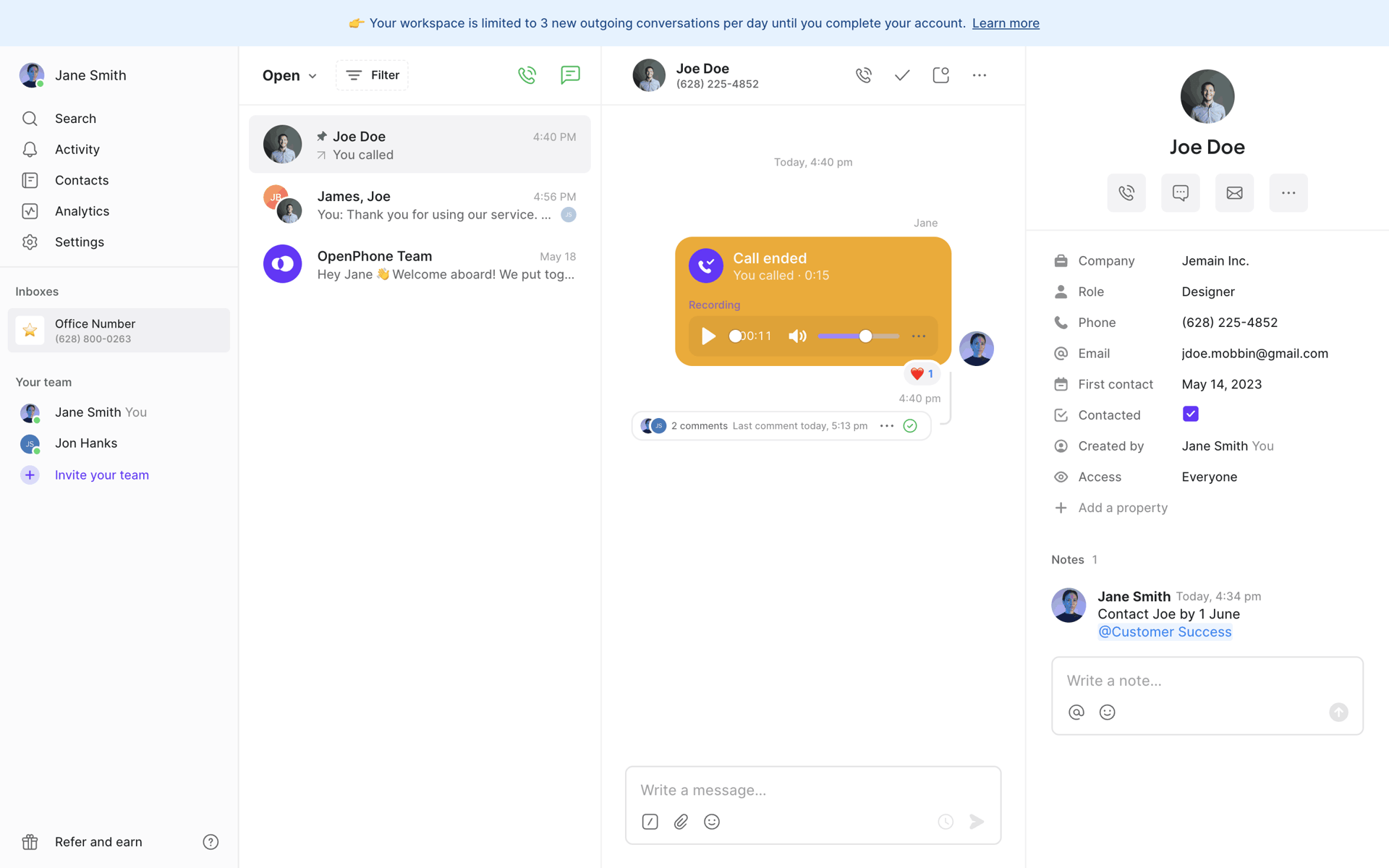 OpenPhone Web Business interface screenshot 22
