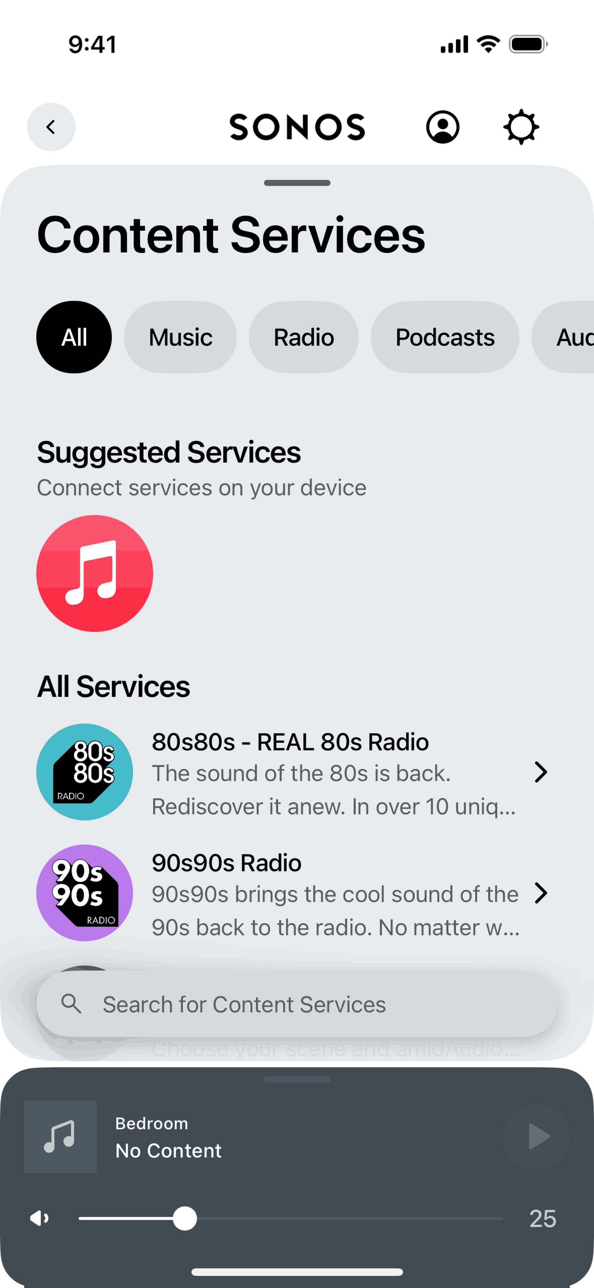 Browse content services on Sonos (ios) screen 2