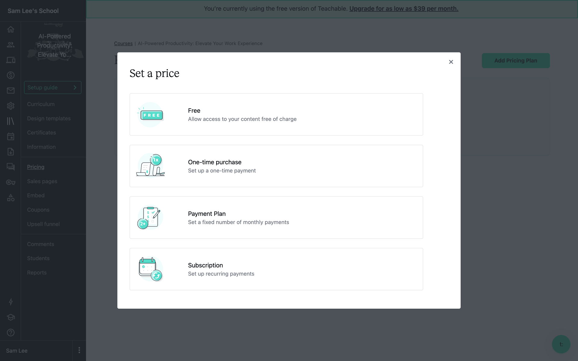 Teachable Web Business interface screenshot 24