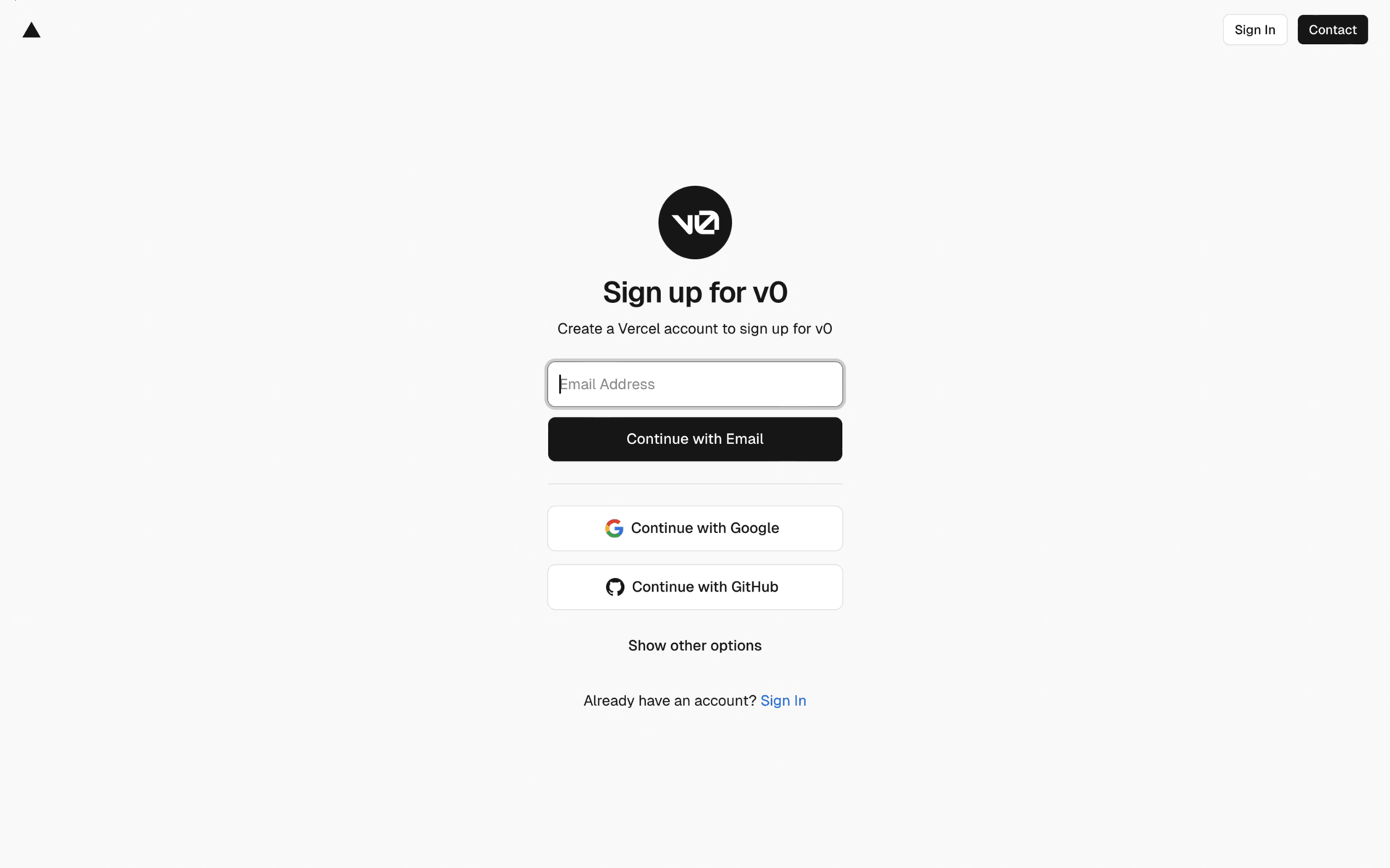 v0 Web AI interface screenshot 2