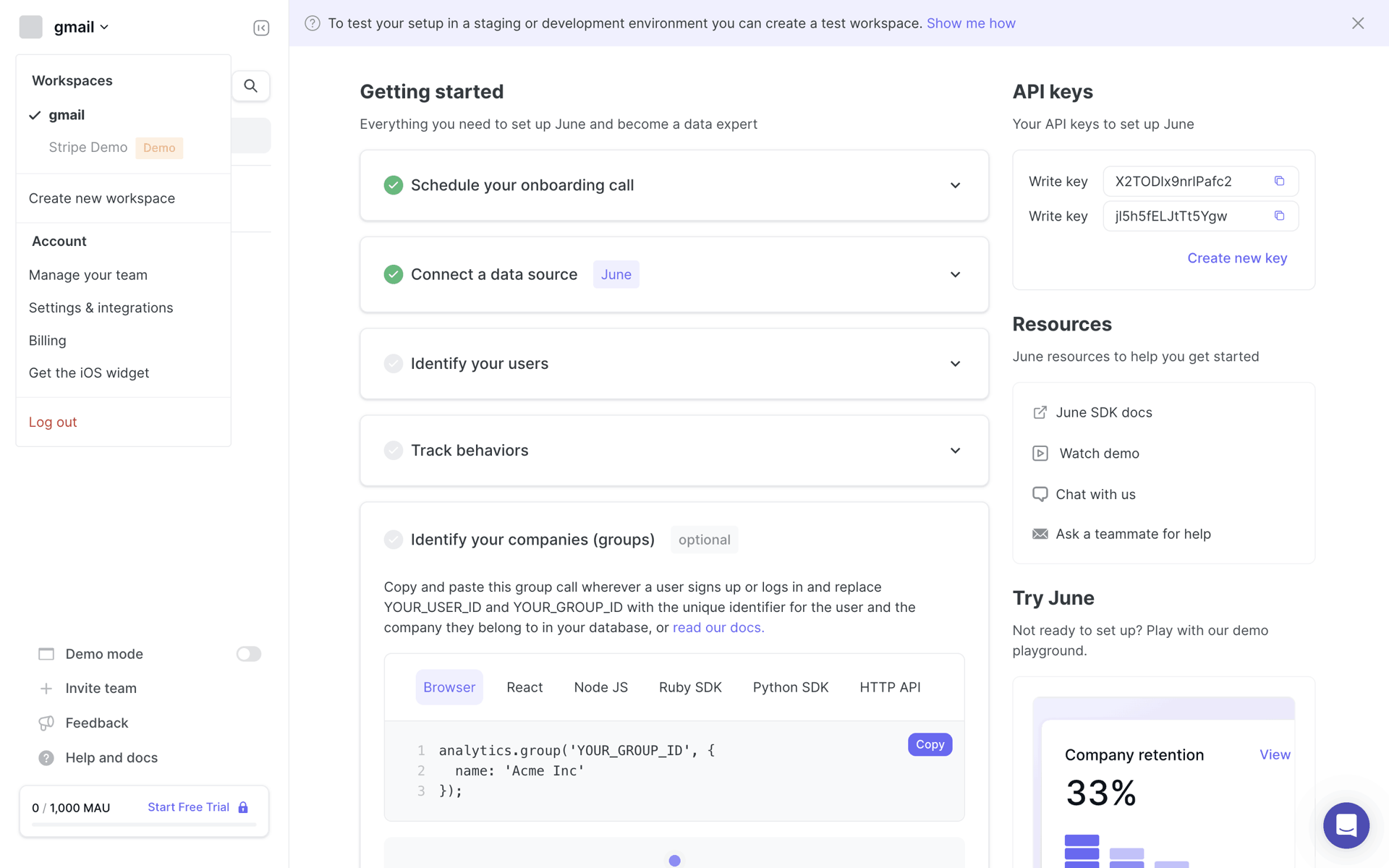 June Web Business interface screenshot 2