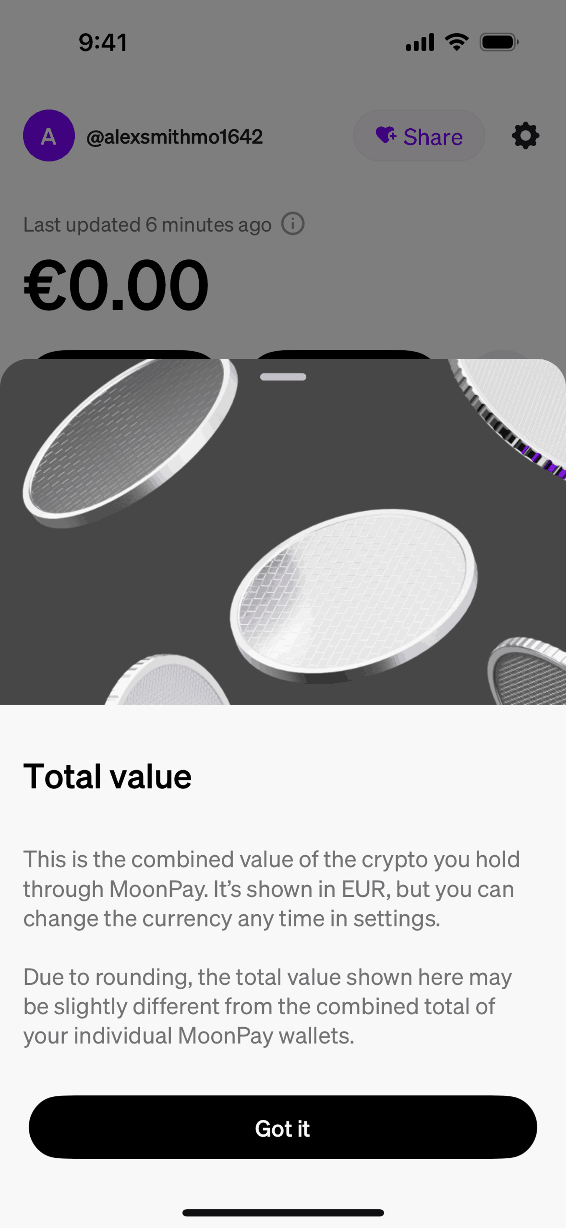 Total value on MoonPay (ios) screen 2