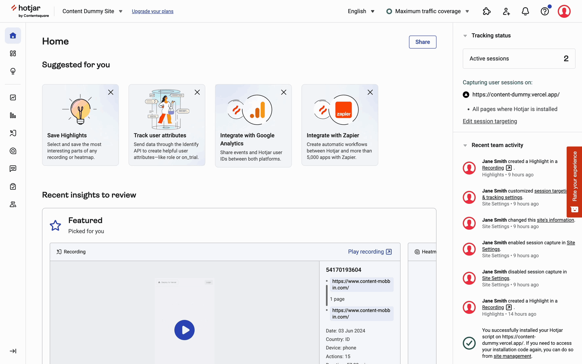 Hotjar Web Business interface screenshot 2