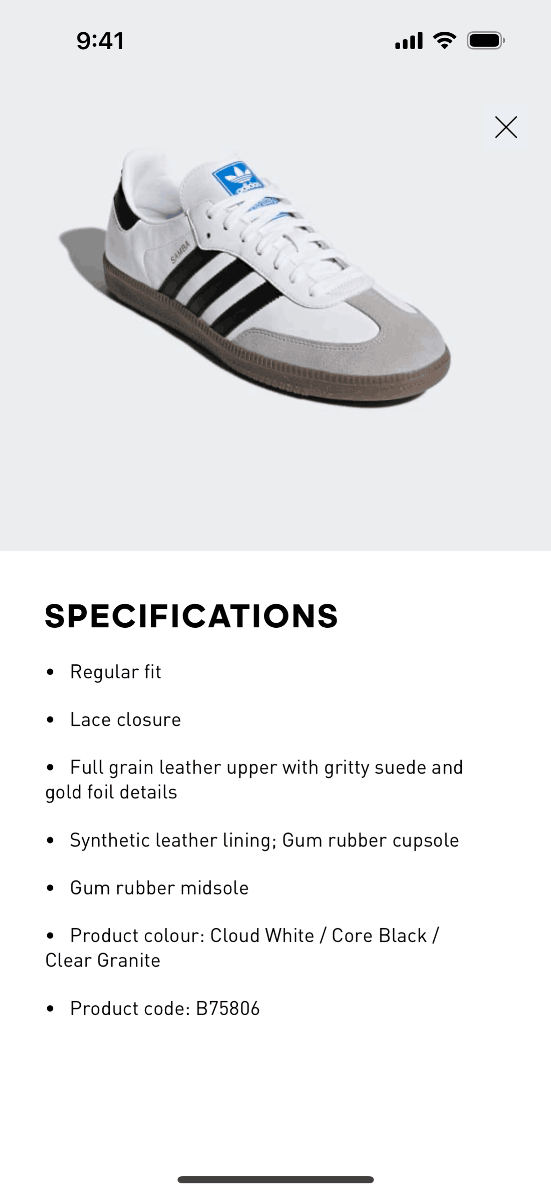 Product specifications on adidas (ios) screen 2