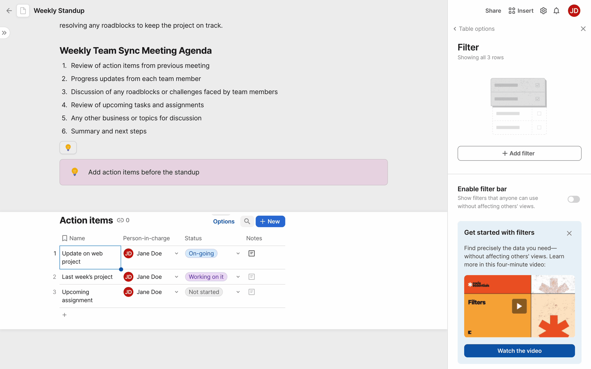 Coda Web Productivity interface screenshot 14