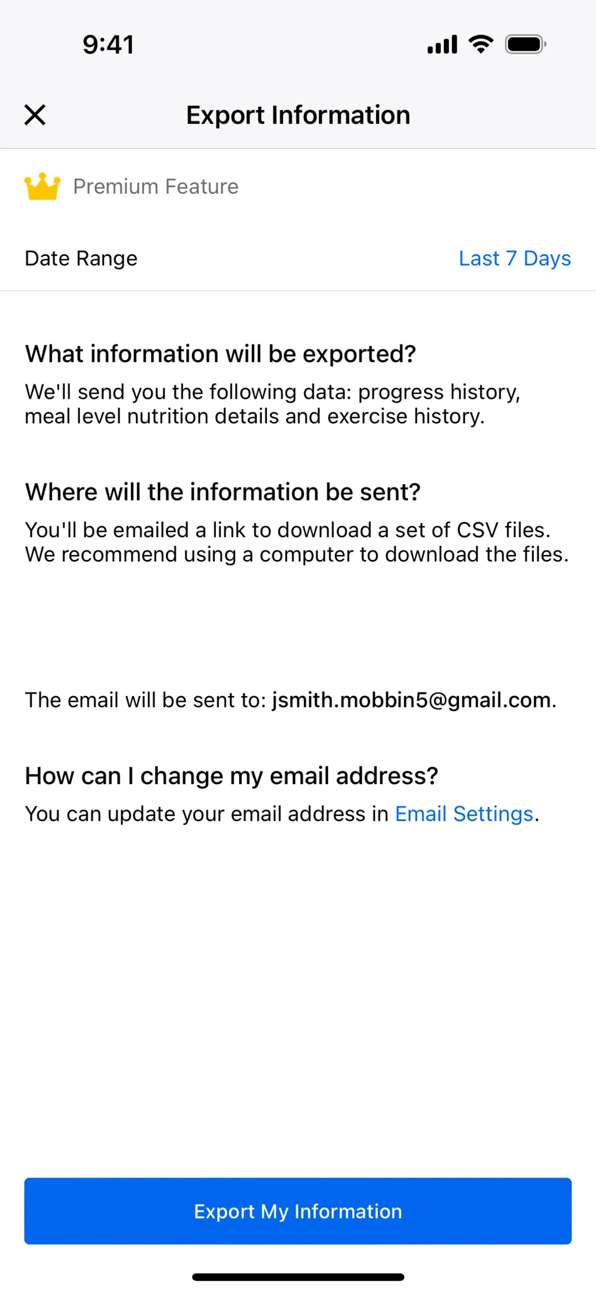 Exporting data on MyFitnessPal (ios) screen 2