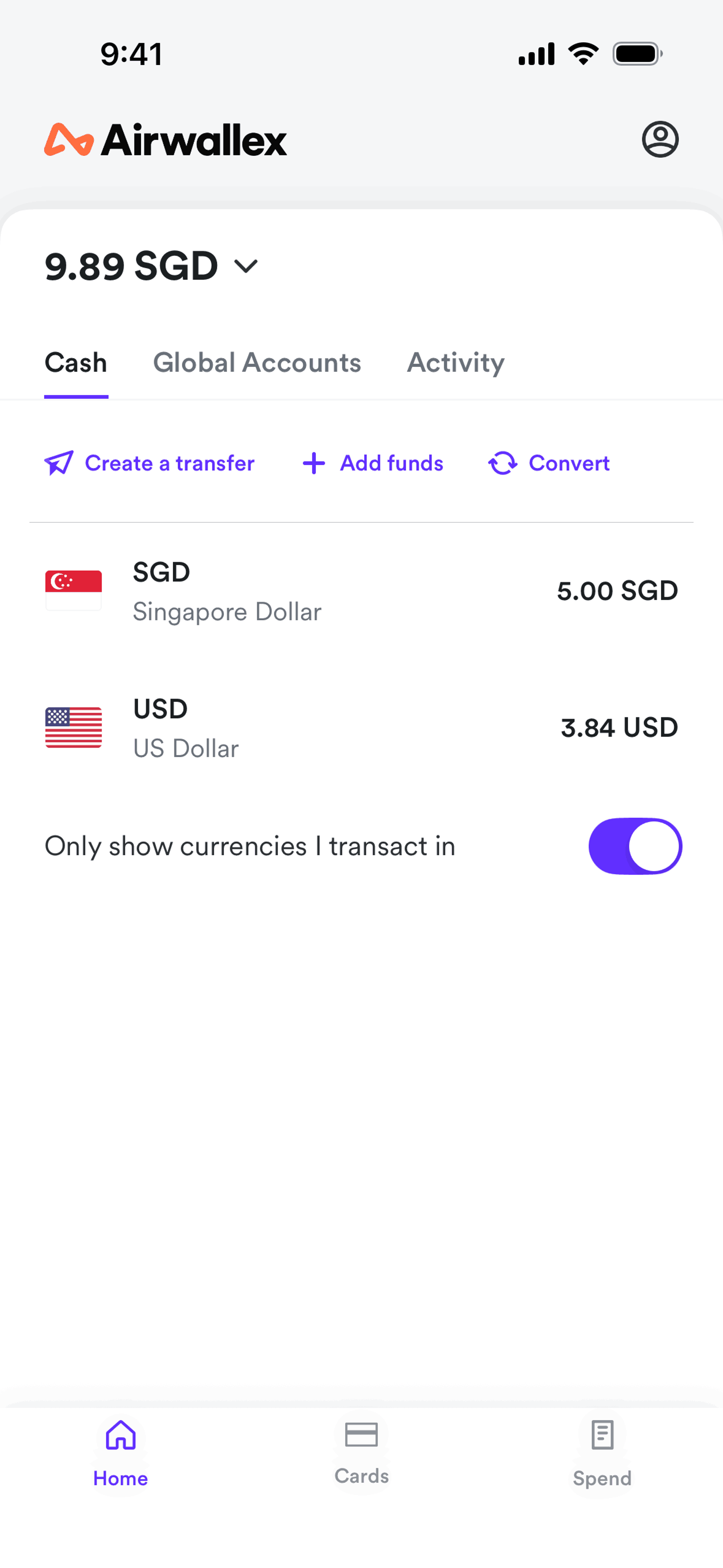 Airwallex iOS Finance interface screenshot 2