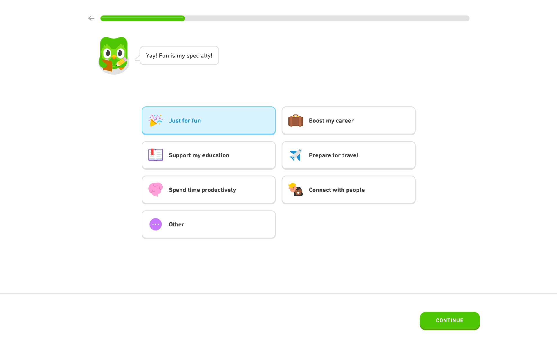 Onboarding on Duolingo (web) screen 6