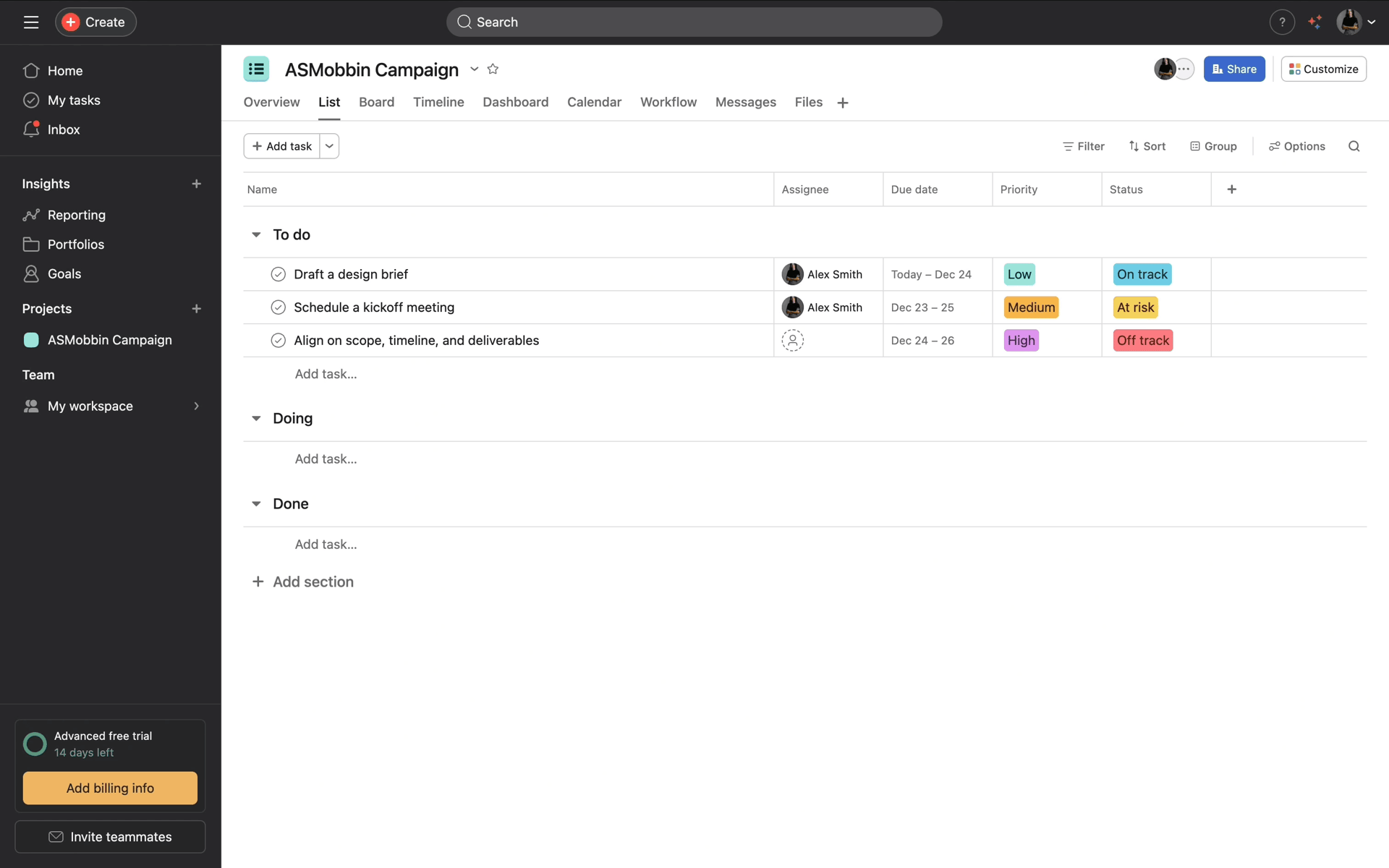 Completing onboarding on Asana (web) screen 21