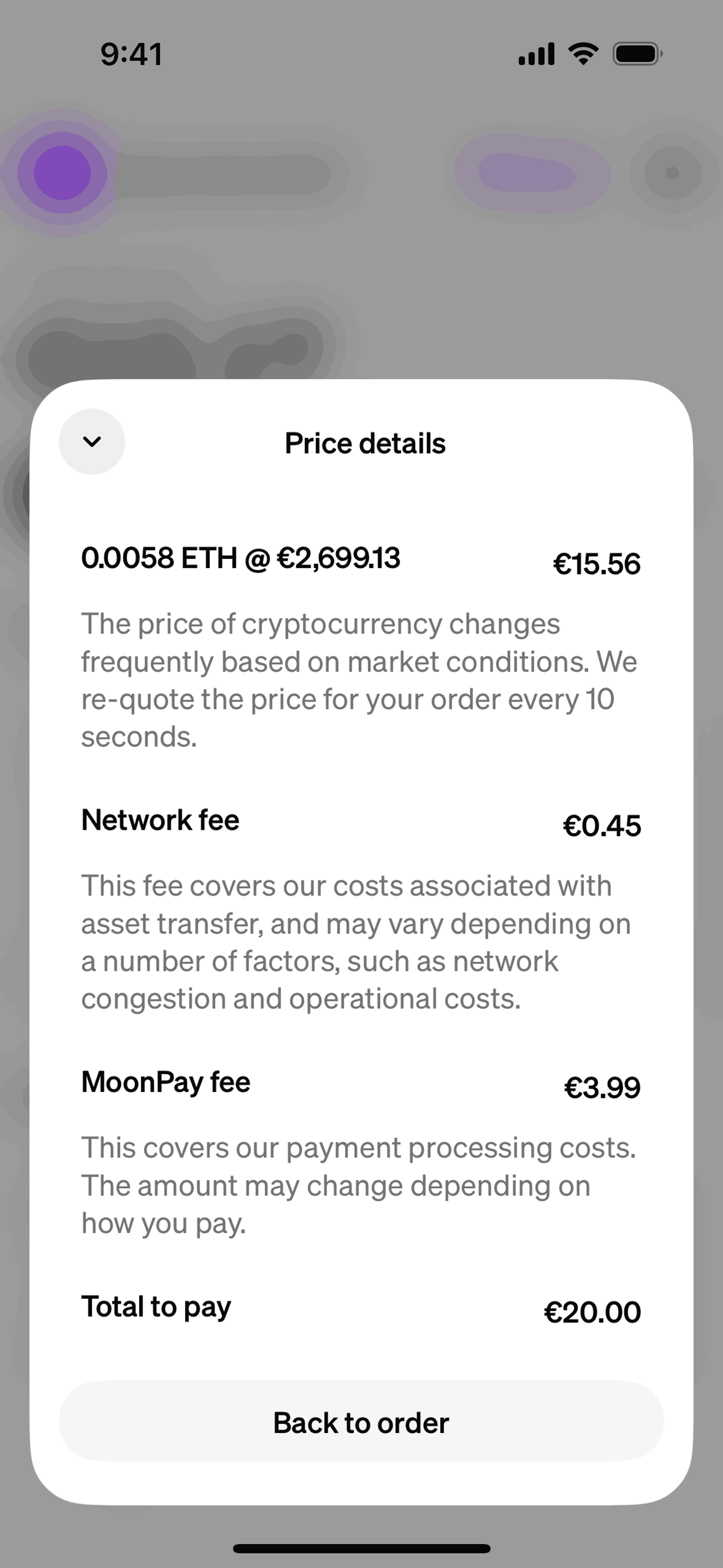 Price details on MoonPay (ios) screen 2