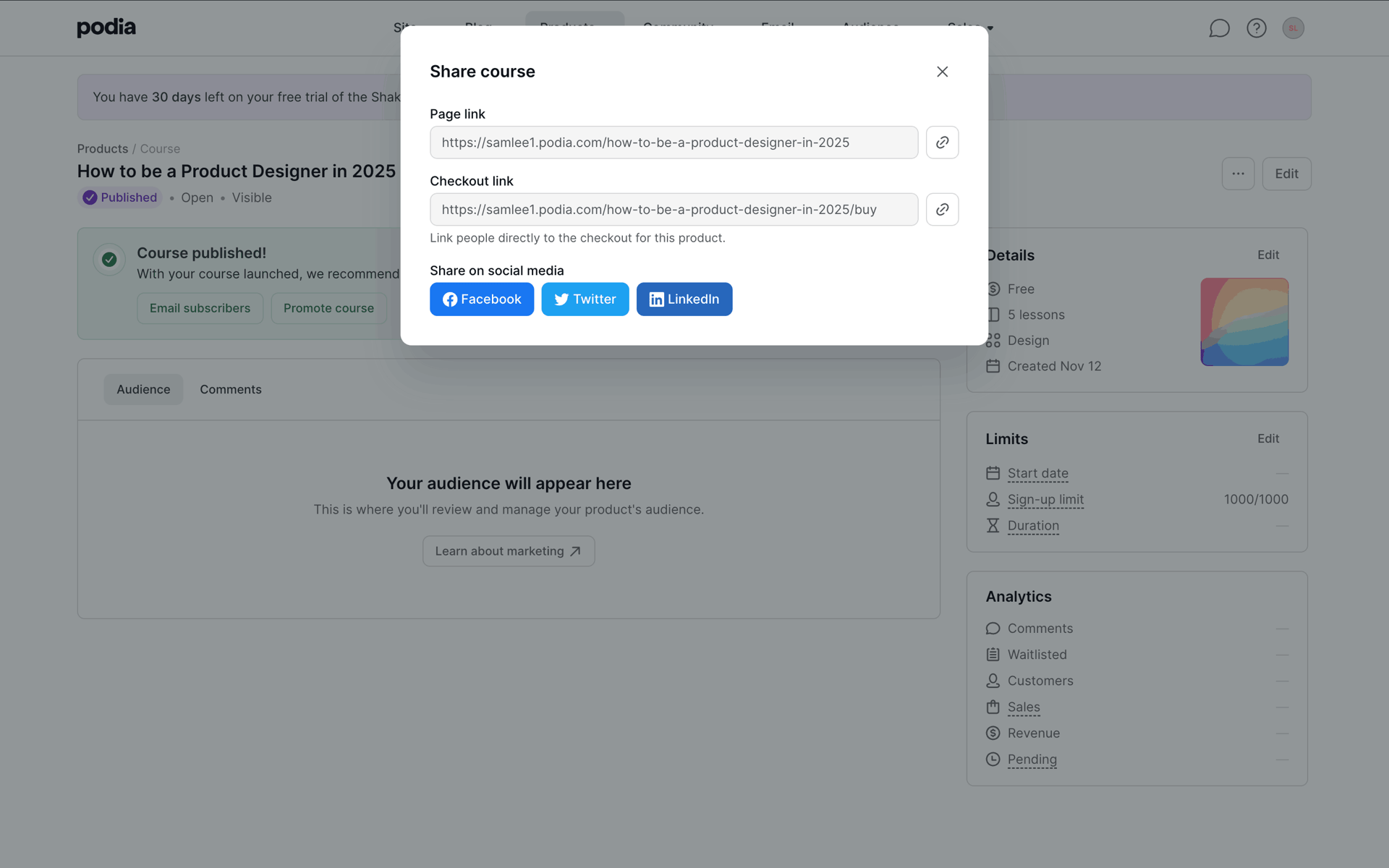 Podia Web Business interface screenshot 15