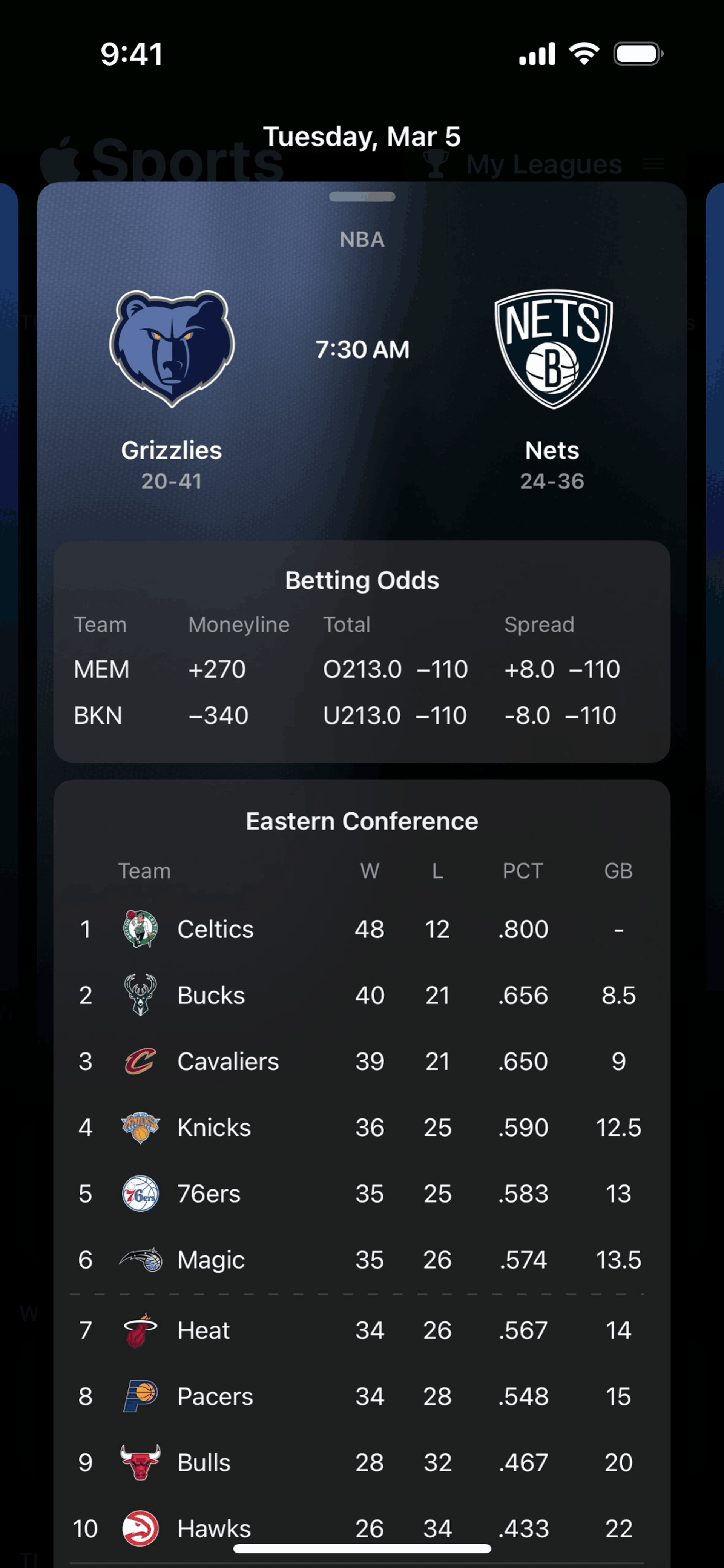 Apple Sports iOS Sports interface screenshot 6